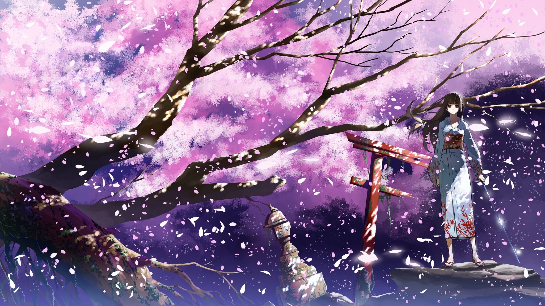 Anime 2309x1298 cherry blossom spring anime girls original characters Japanese clothes anime women with swords weapon sword trees women outdoors standing fantasy art fantasy girl brunette long hair