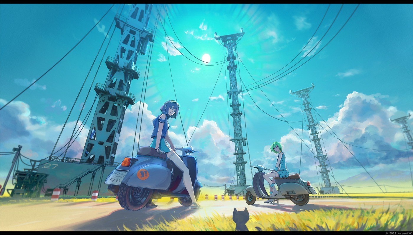 Anime 1400x799 anime girls sky vehicle 2011 (Year) clouds Eureka (character) anime outdoors two women sitting numbers power lines cyan looking at viewer Sun women outdoors road cats animals watermarked ArseniXC
