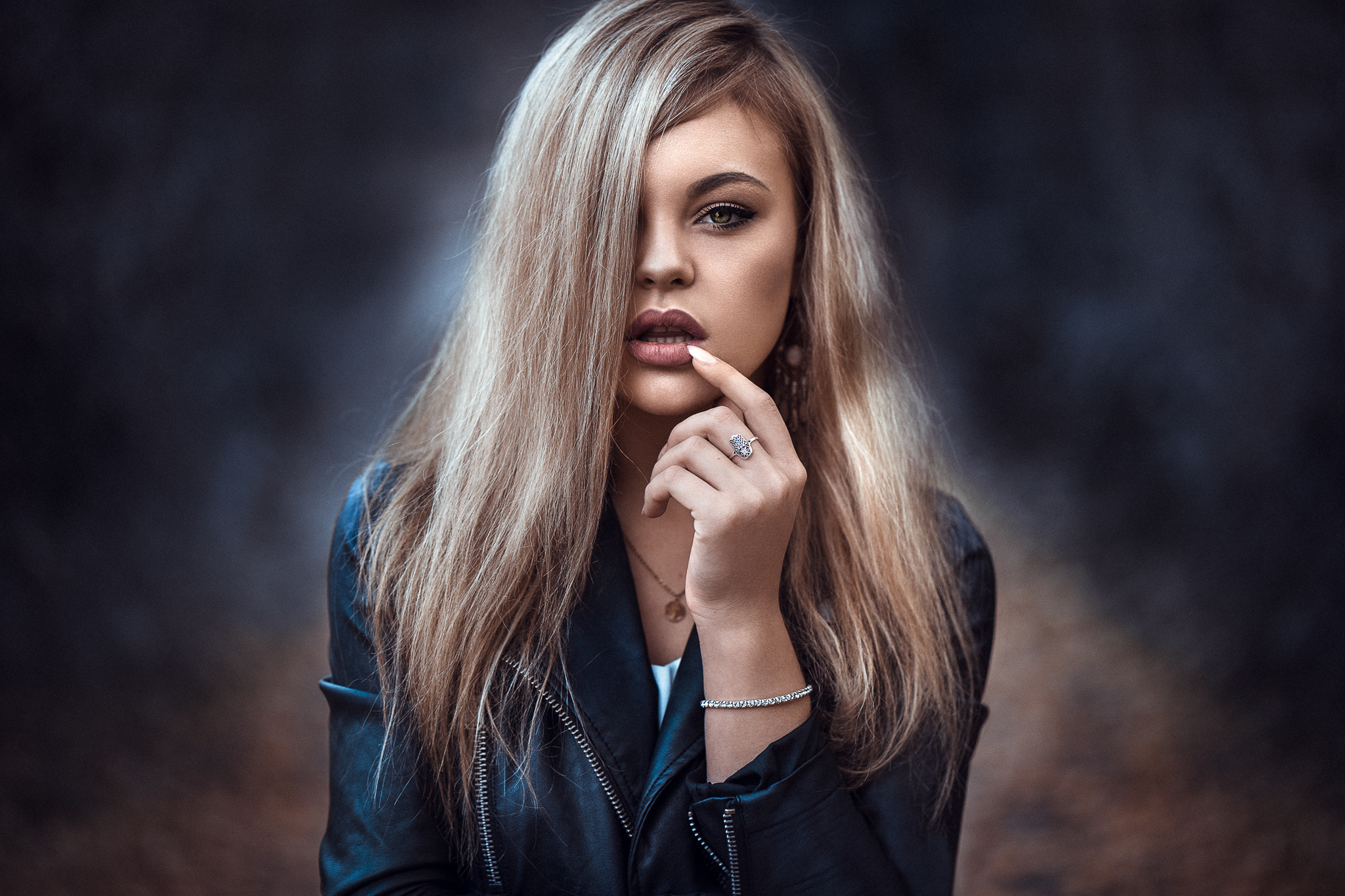 People 2048x1365 women blonde brown eyes open mouth finger on lips looking at viewer leather jacket bokeh Anatoli Oskin long hair straight hair hair in face portrait 500px depth of field