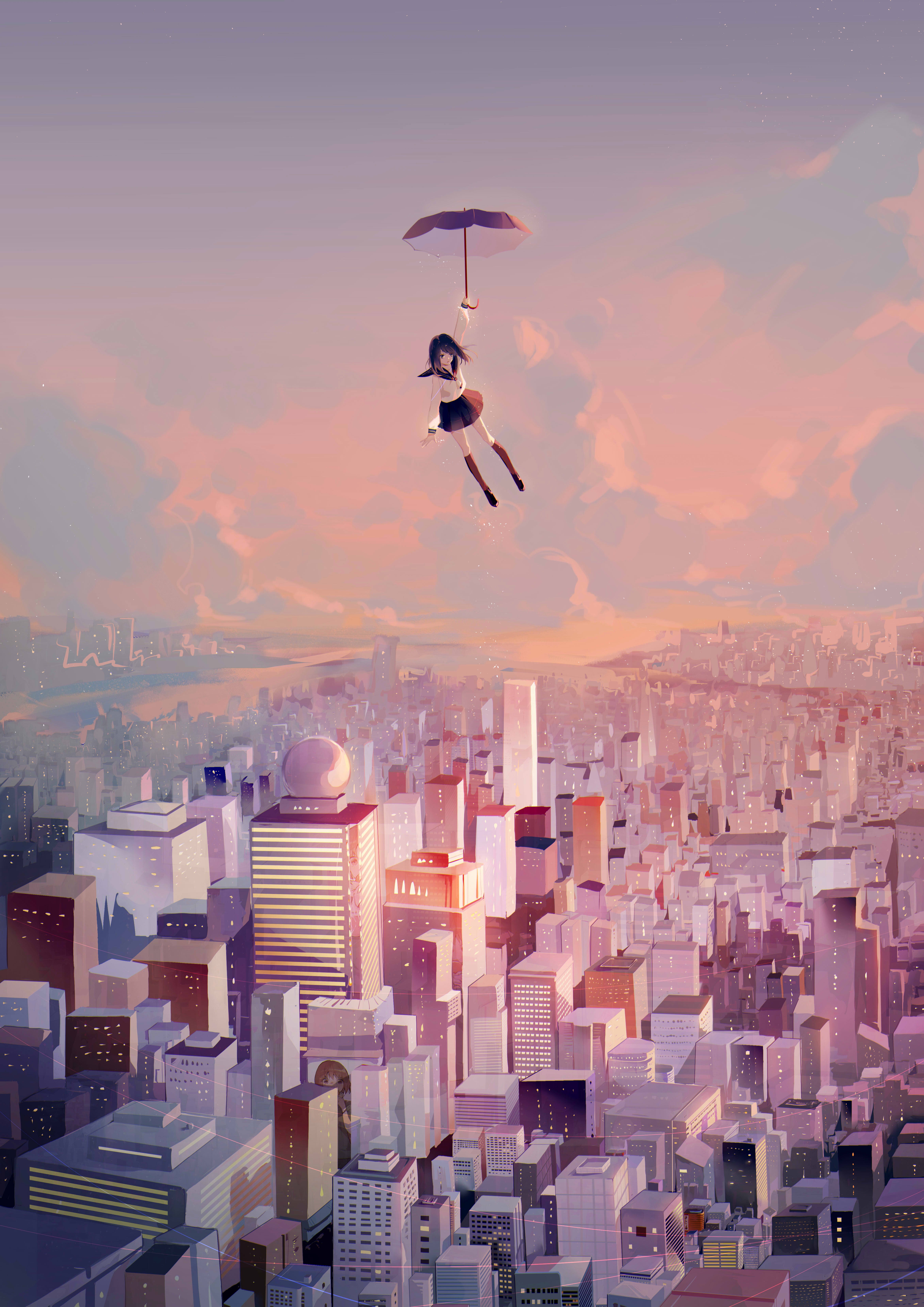 Anime 4677x6614 anime girls city anime umbrella cityscape women with umbrella flying sky
