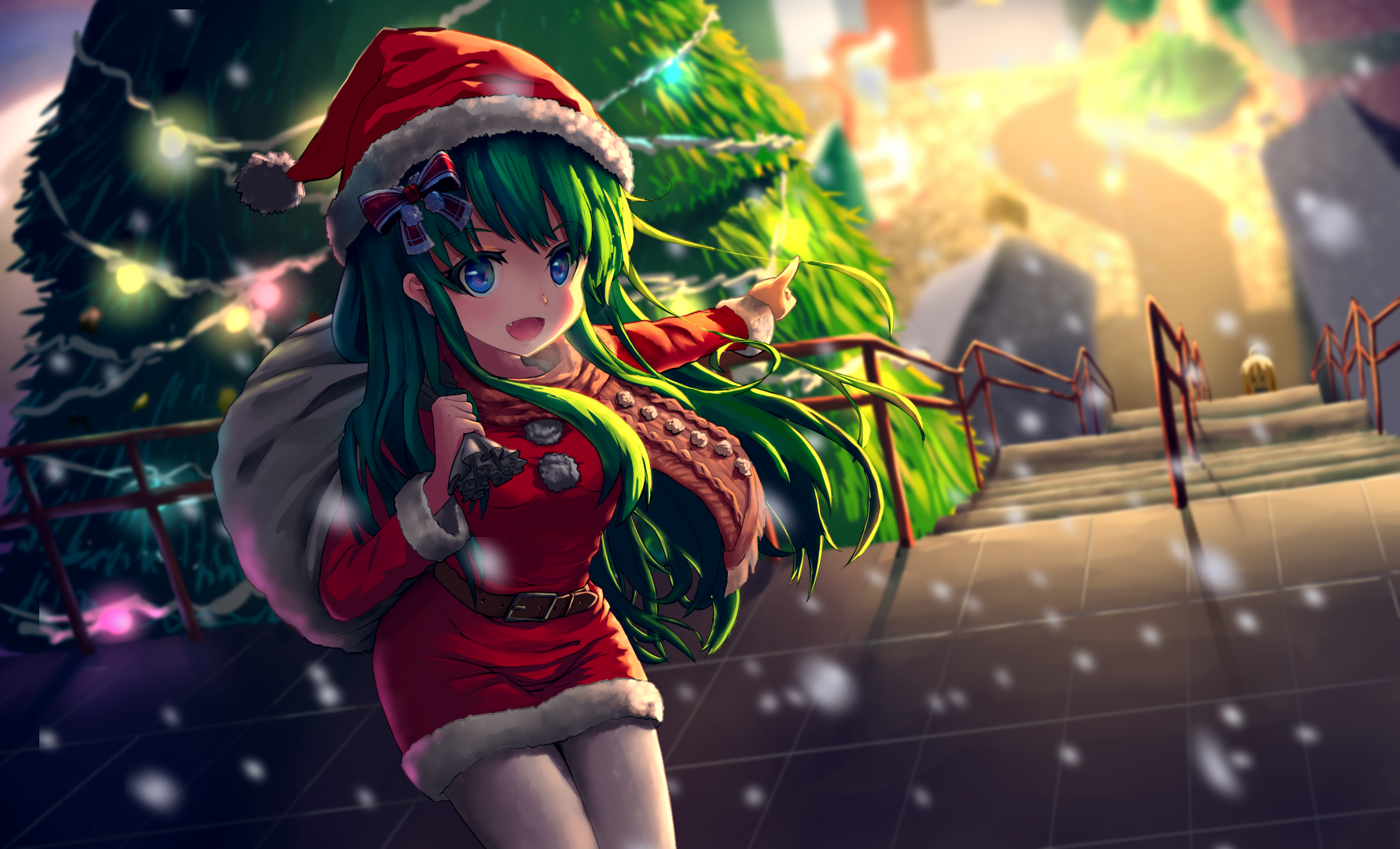Anime 1781x1080 Christmas Santa costume Santa hats green hair hair ornament Christmas tree anime pantyhose Santa girl blue eyes anime girls