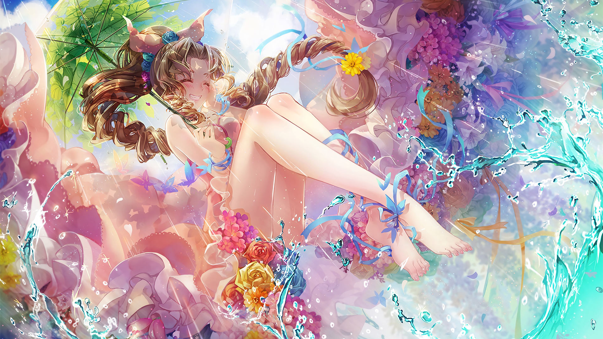 Anime 1920x1080 Final Fantasy VII Aerith Gainsborough water Final Fantasy feet closed eyes twintails brunette umbrella barefoot flowers dress sunlight hand on face bracelets butterfly insect frills blushing flower in hair