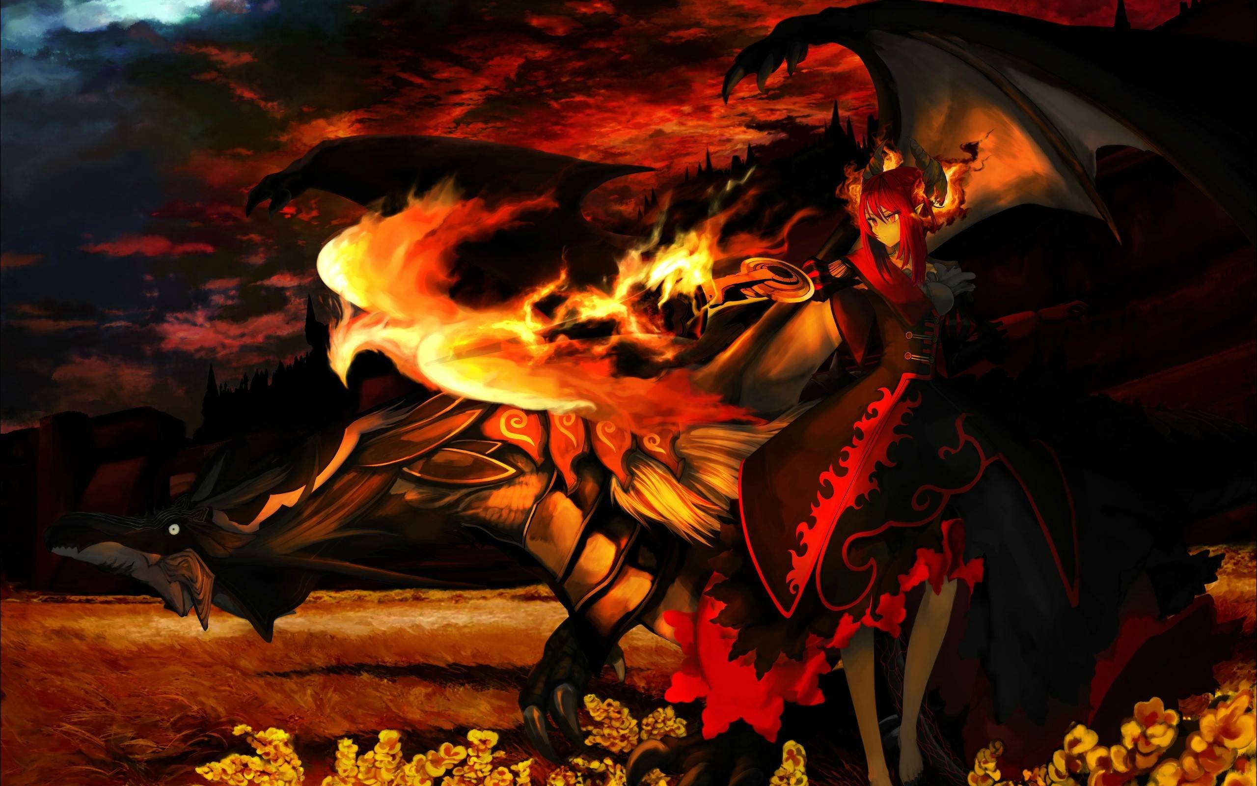 Anime 2560x1600 anime anime girls redhead red eyes dragon fire creature burning phoenix fantasy girl fantasy art dress