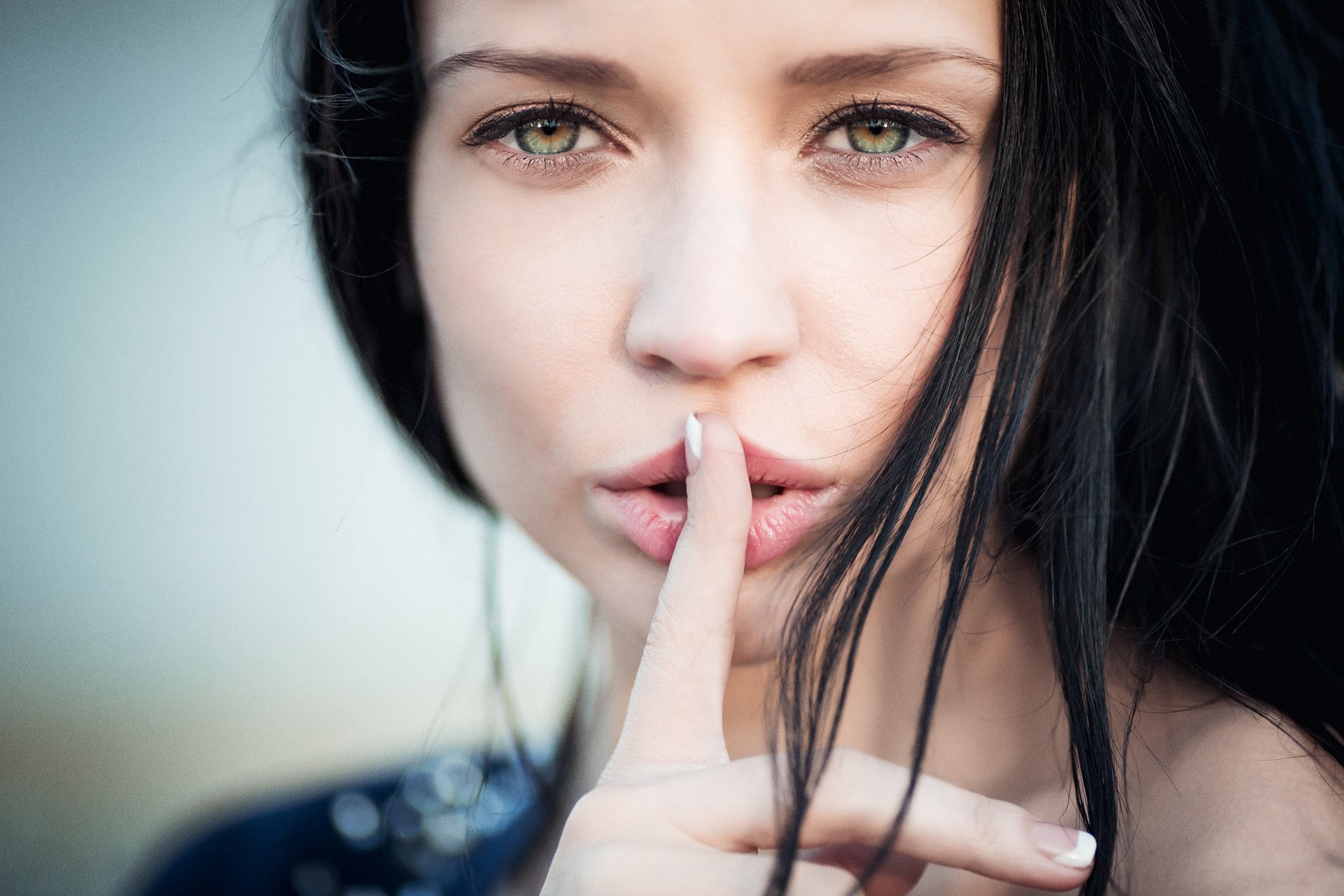People 1920x1280 Angelina Petrova finger on lips hazel eyes women model face silence closeup
