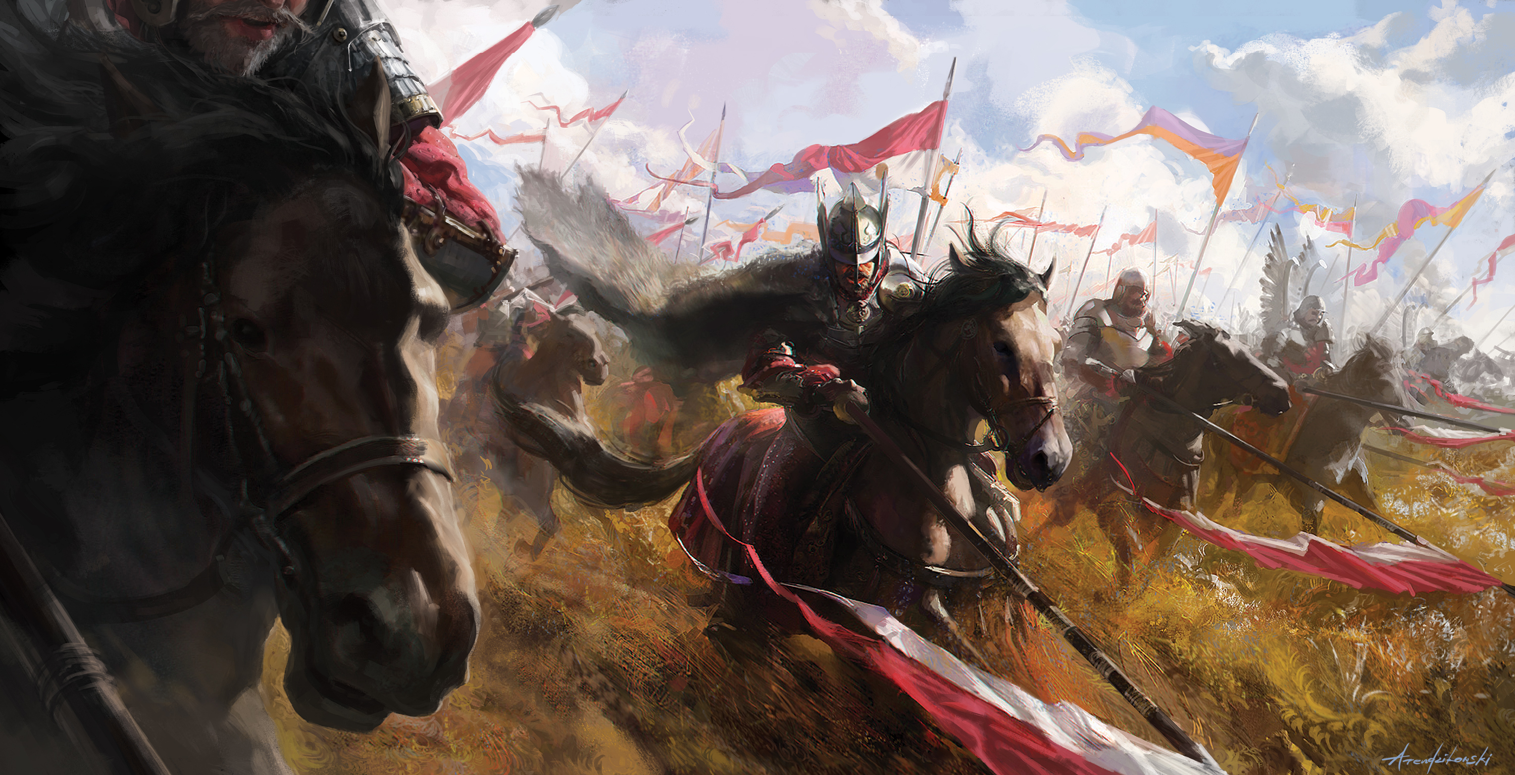 General 3000x1534 Winged Hussars Lithuania Poland horse Cavalry Polish digital art watermarked