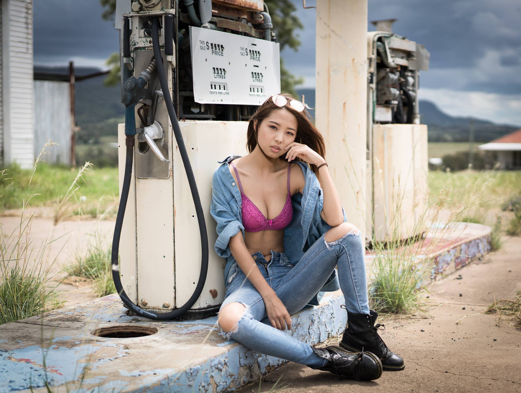 People 2048x1543 Asian sitting torn jeans women outdoors women Doc Martens bra gas station denim shirt open shirt