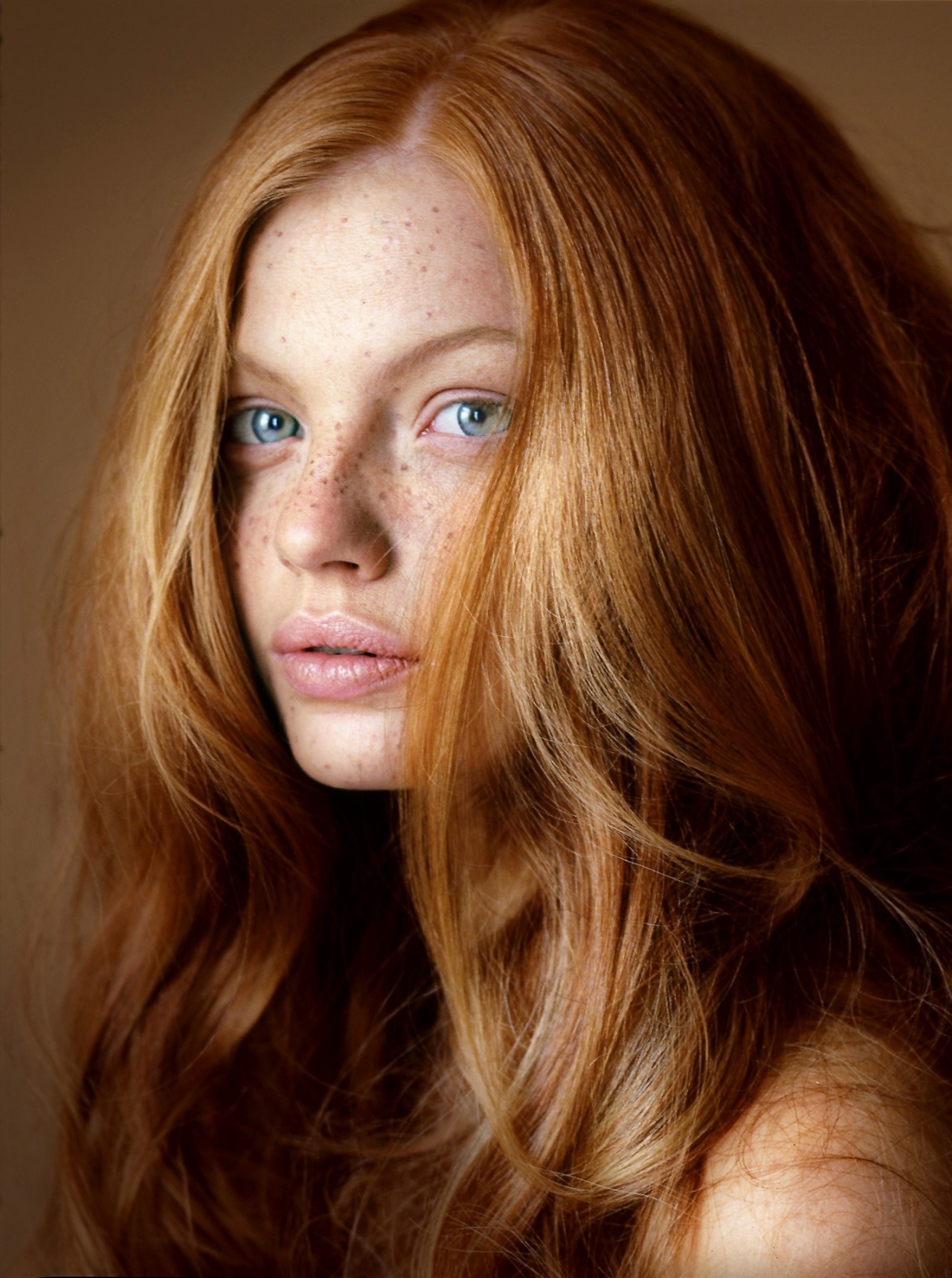 Women Model Redhead Long Hair Face Freckles Bare Shoulders Blue