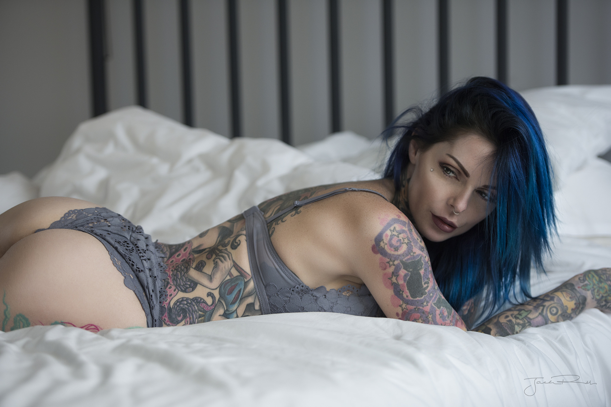 People 2048x1367 women Jack Russell in bed ass tattoo brunette lingerie blue hair piercing Riae Suicide