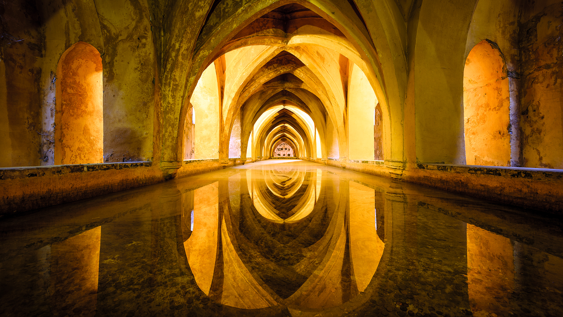General 1920x1080 architecture building Sevilla Spain arch symmetry reflection bath water ancient yellow calm waters