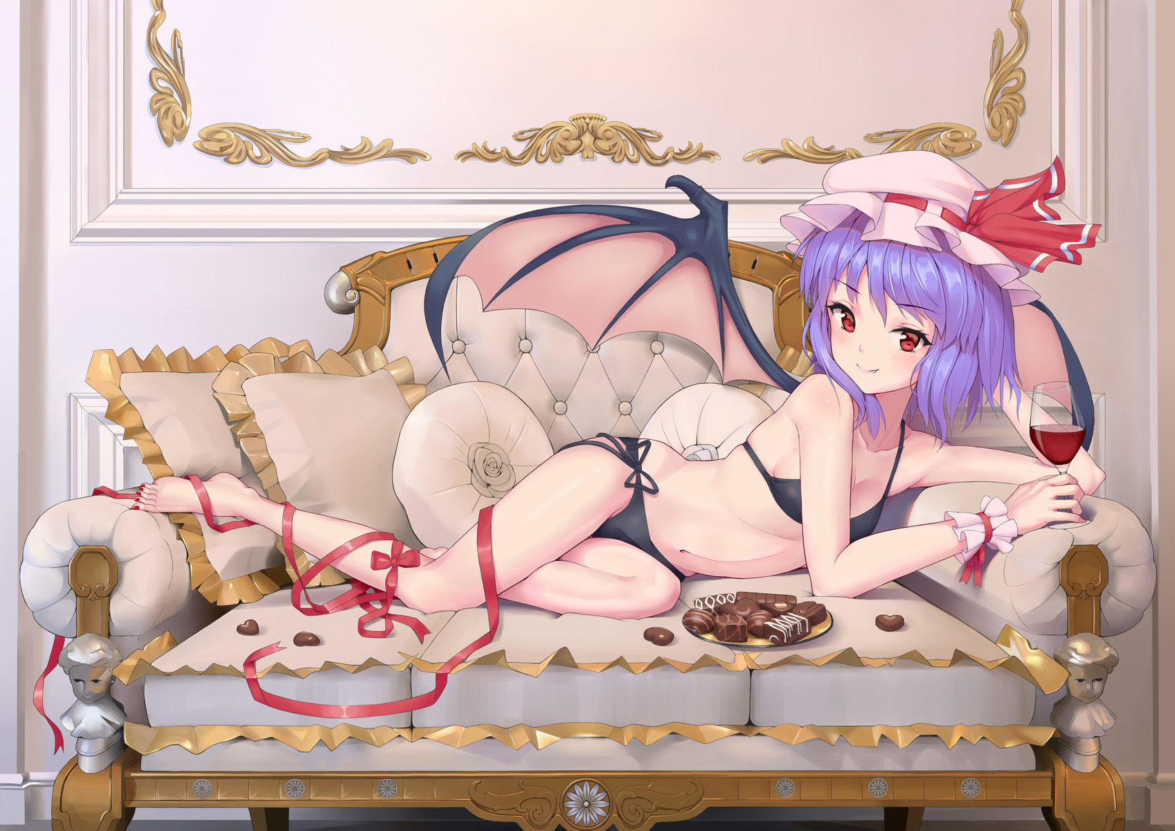Anime 1697x1200 Touhou short hair bra black panties wings sweets Remilia Scarlet couch