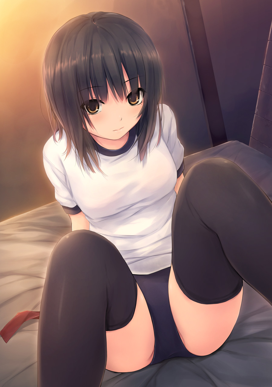 Anime 900x1280 short hair anime girls black stockings thigh-highs Aoyama Sumika sportswear gym clothes Coffee-Kizoku