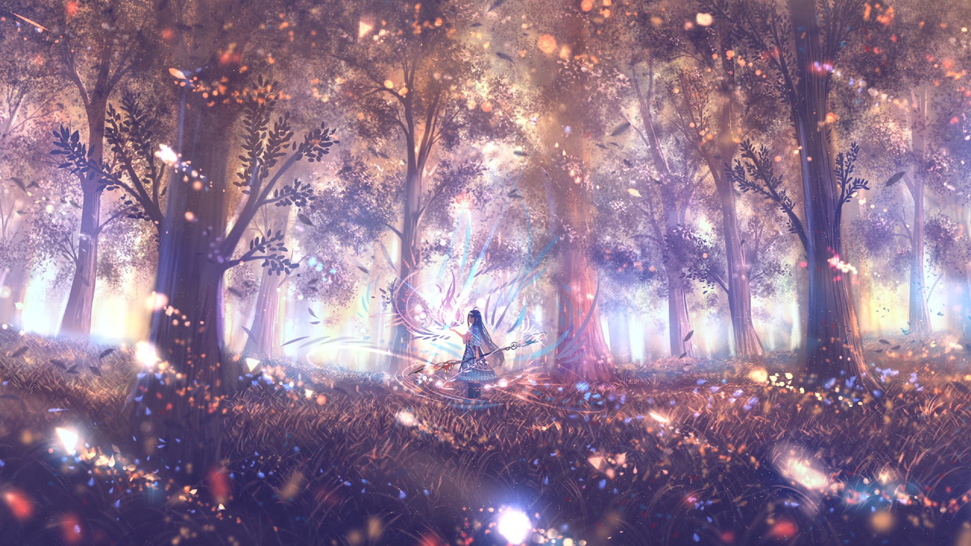 Anime 1920x1080 forest long hair staff