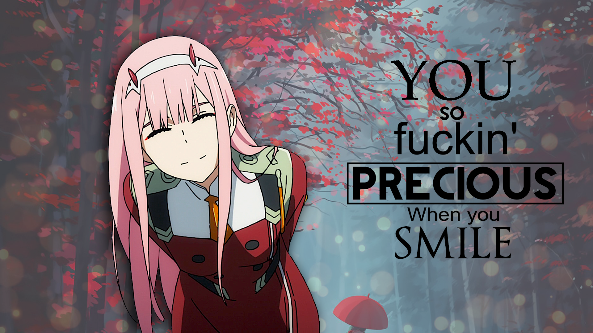 Anime 1920x1080 Darling in the FranXX anime girls Zero Two (Darling in the FranXX) pink hair horns smiling military uniform closed eyes long hair 2D fan art picture-in-picture landscape arm(s) behind back