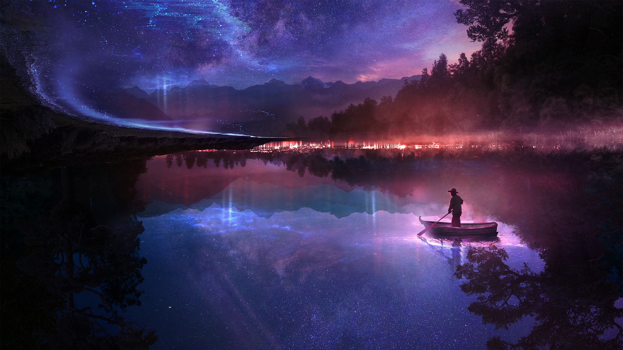 General 2560x1440 digital art boat mountains stars forest lake mist galaxy Martina Stipan t1na