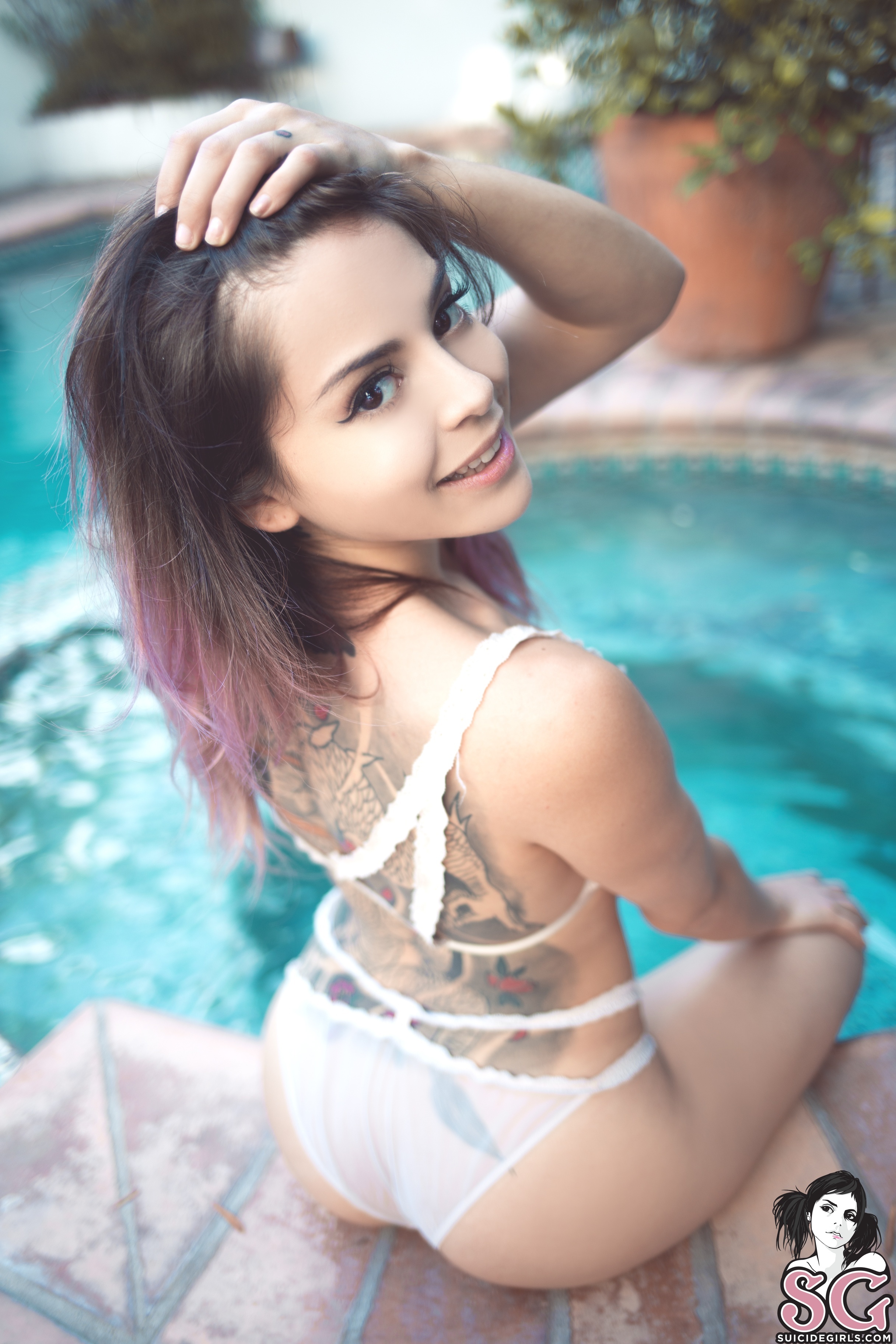 People 2432x3648 Satin Suicide Suicide Girls women model tattoo swimming pool back see-through panties white thong sensual gaze smiling petite looking at viewer hand(s) in hair brunette portrait display watermarked