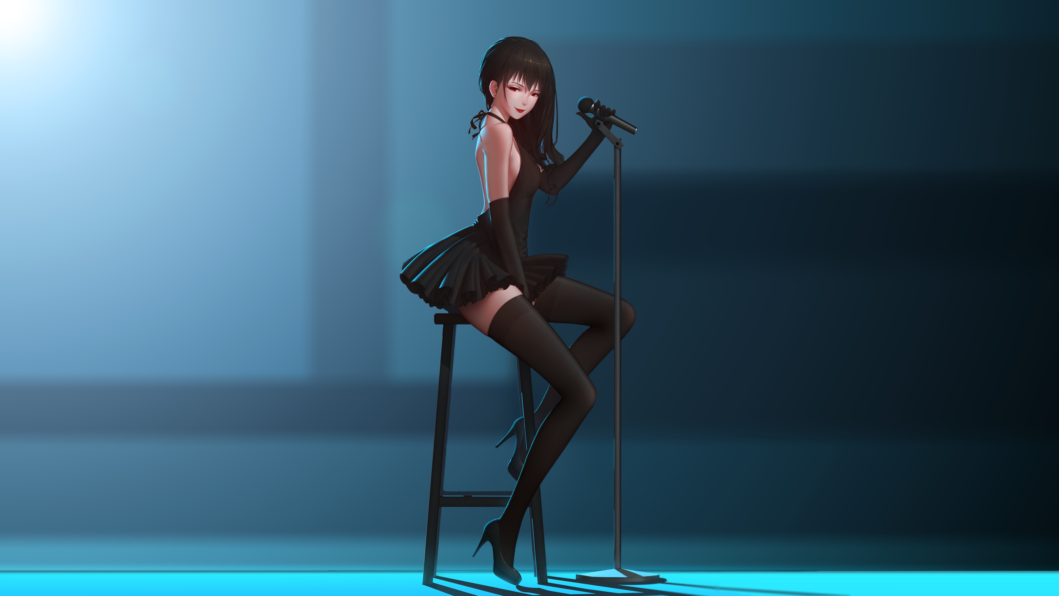 General 3500x1969 original characters black dress elbow gloves long hair black hair microphone red eyes sitting stages high heels smiling hands on hips blue background shadow chair cyan women
