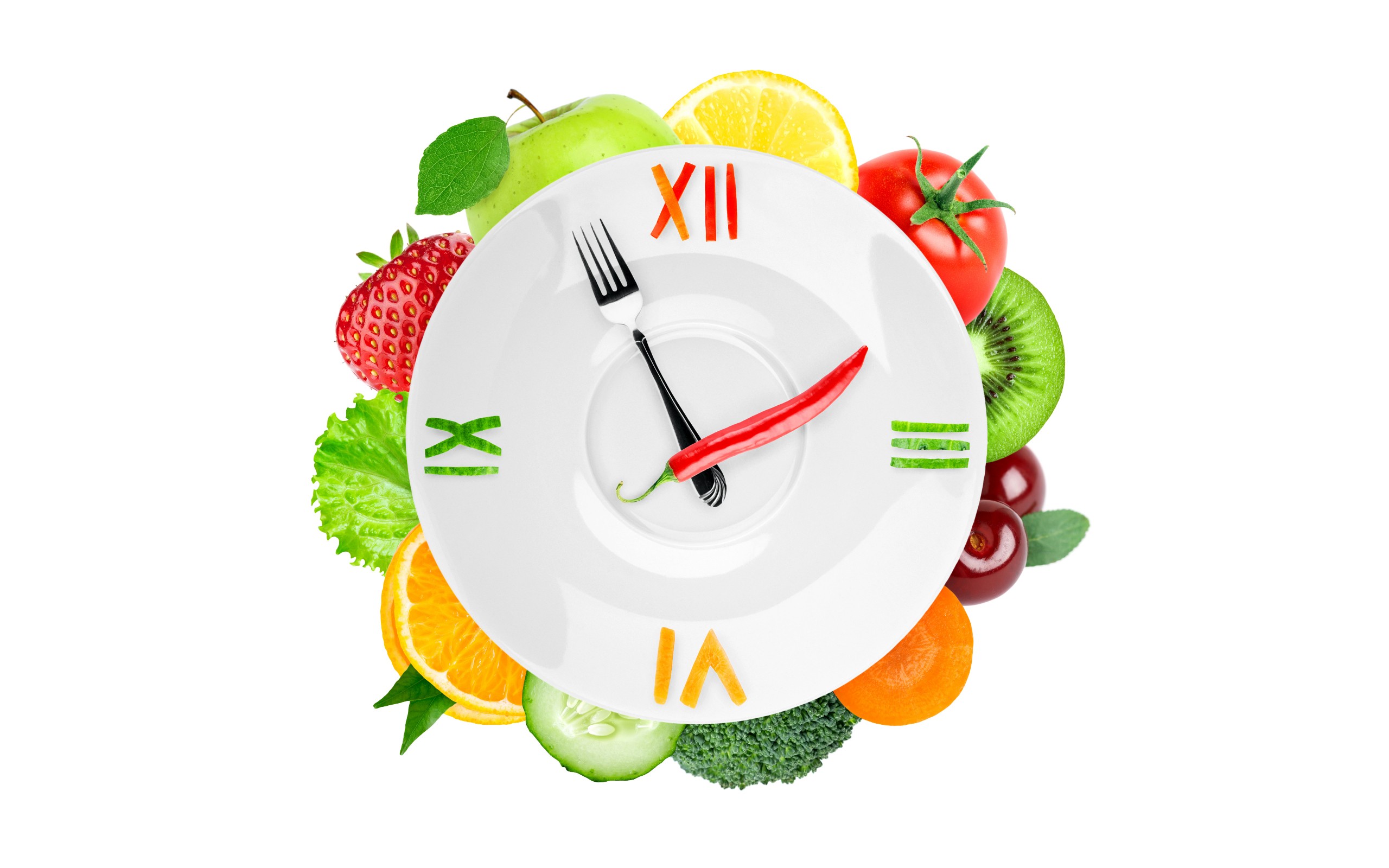 General 2560x1600 fruit food white background clocks vegetables plates fork chilli peppers simple background