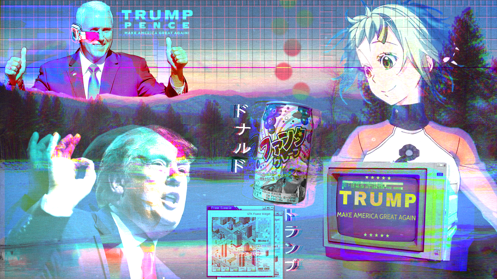Anime 1920x1080 Donald Trump vaporwave USA presidents anime girls politics glitch art katakana cyan humor
