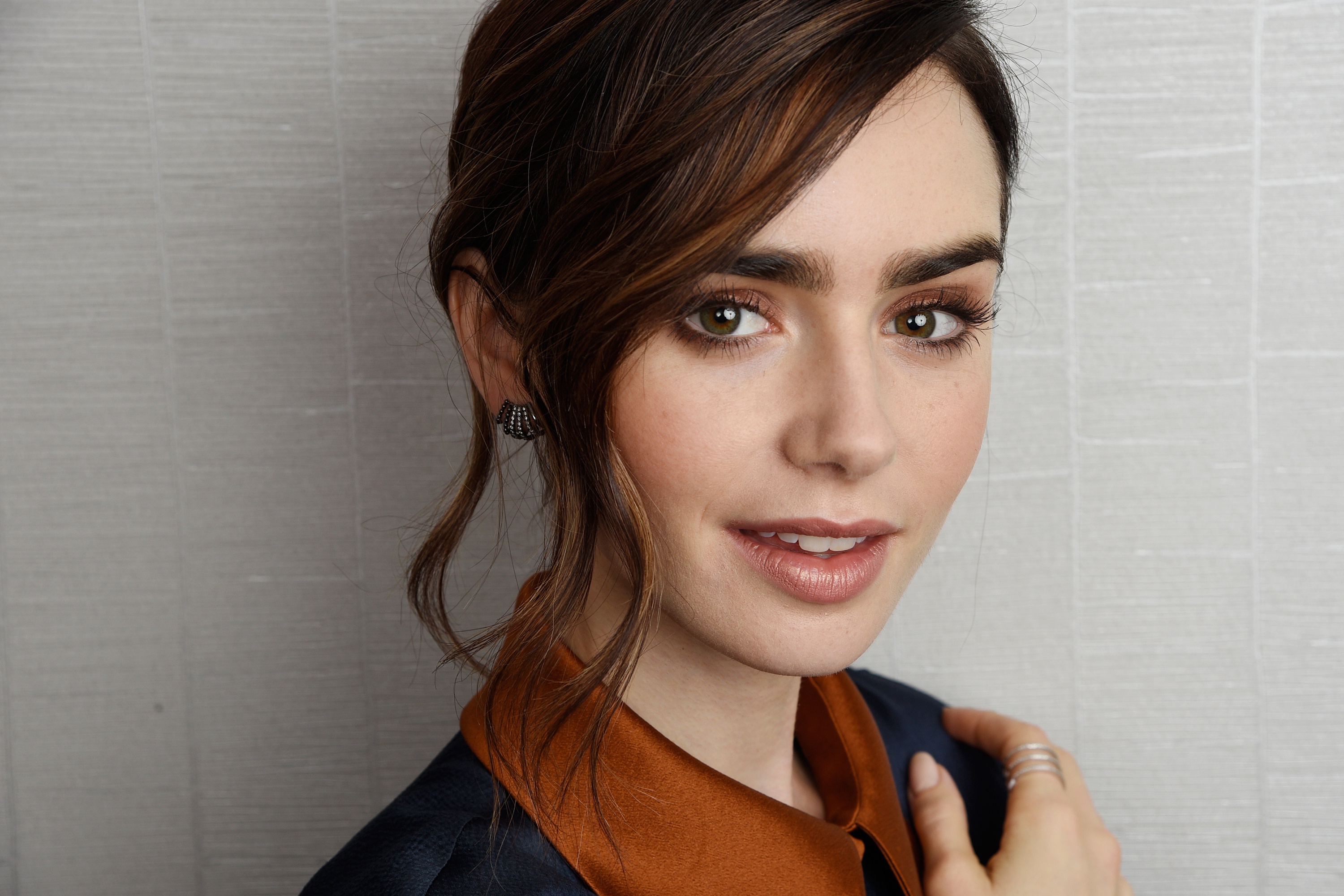 People 3000x2000 Lily Collins women celebrity brunette portrait looking at viewer smiling simple background studio face