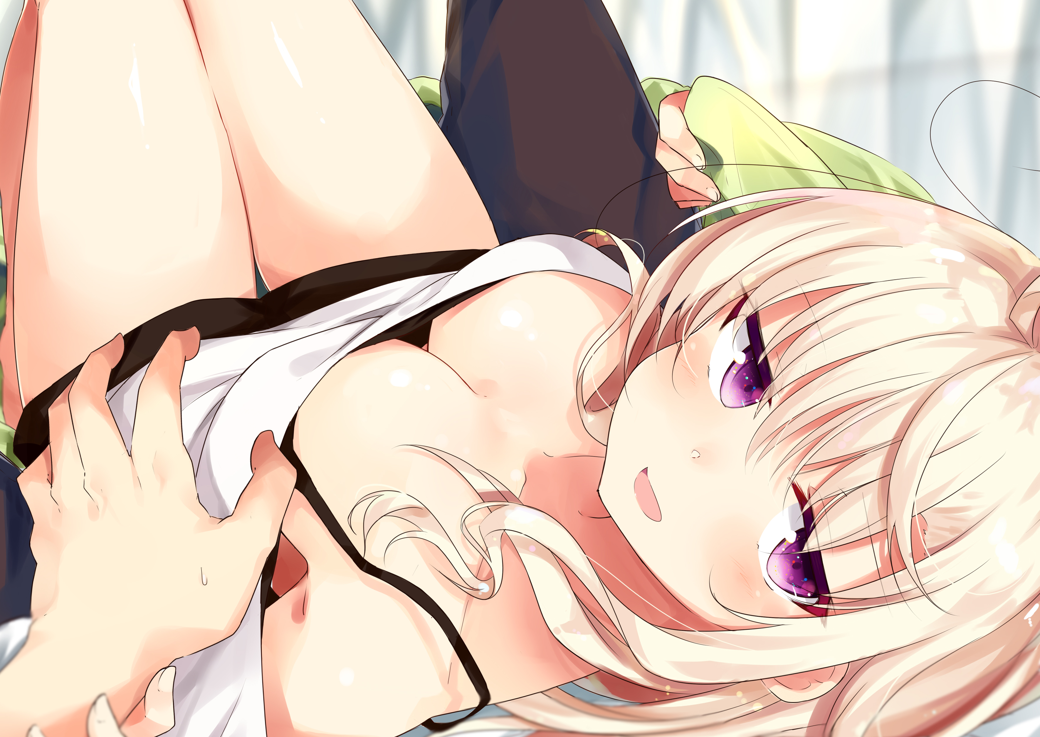 Anime 3541x2508 blonde bra cleavage long hair purple eyes underwear boobs POV lying on back