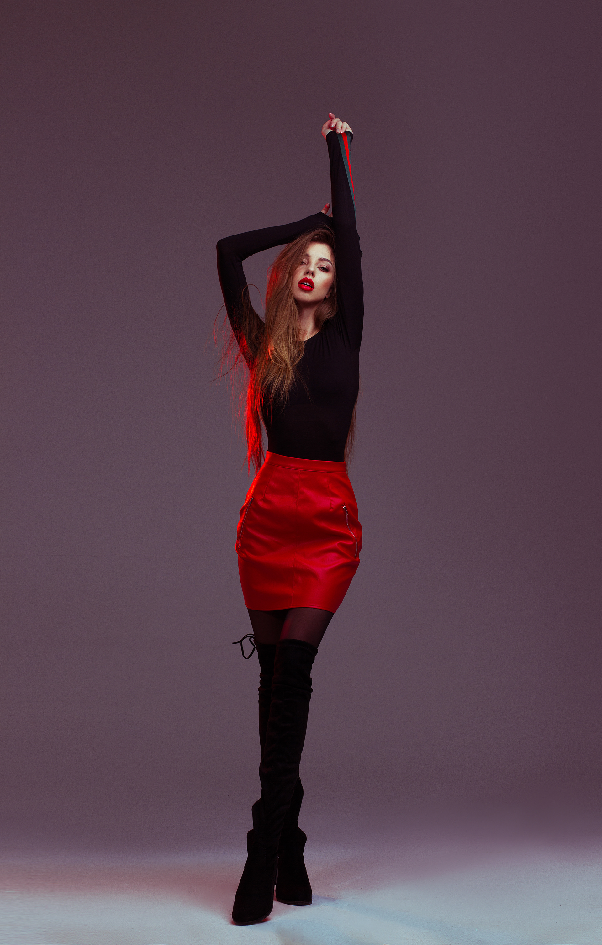 People 1920x3014 women model red lipstick long hair red skirt boots