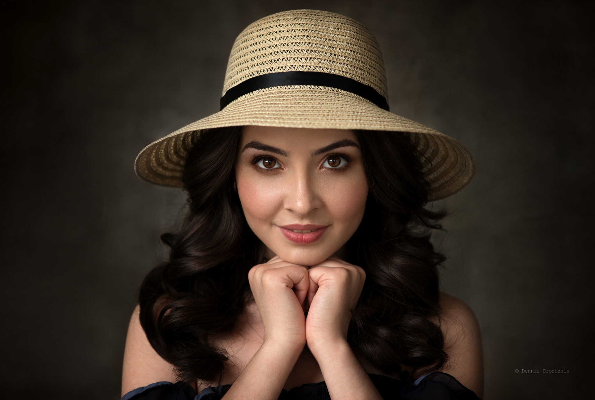 People 2048x1378 women hat smiling bare shoulders face portrait brown eyes women indoors indoors model looking at viewer watermarked closeup long hair parted lips teeth simple background hands Dennis Drozhzhin