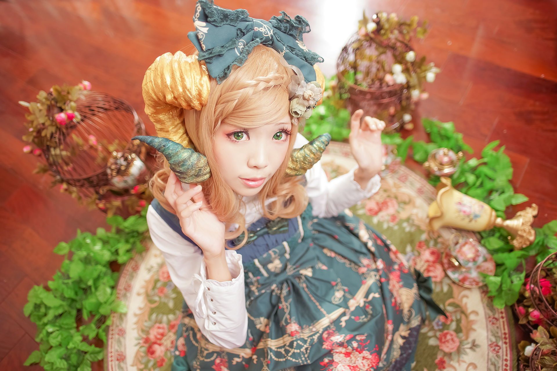 People 1920x1280 cosplay model green eyes victorian clothes blonde tea party headdress horns women Ely Asian