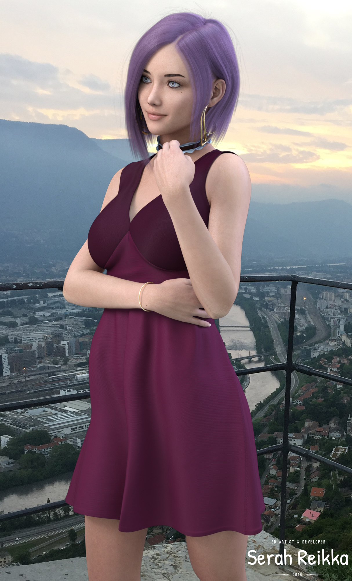 General 1214x2000 women dress fashion blue eyes model Grenoble CGI digital art collar purple hair