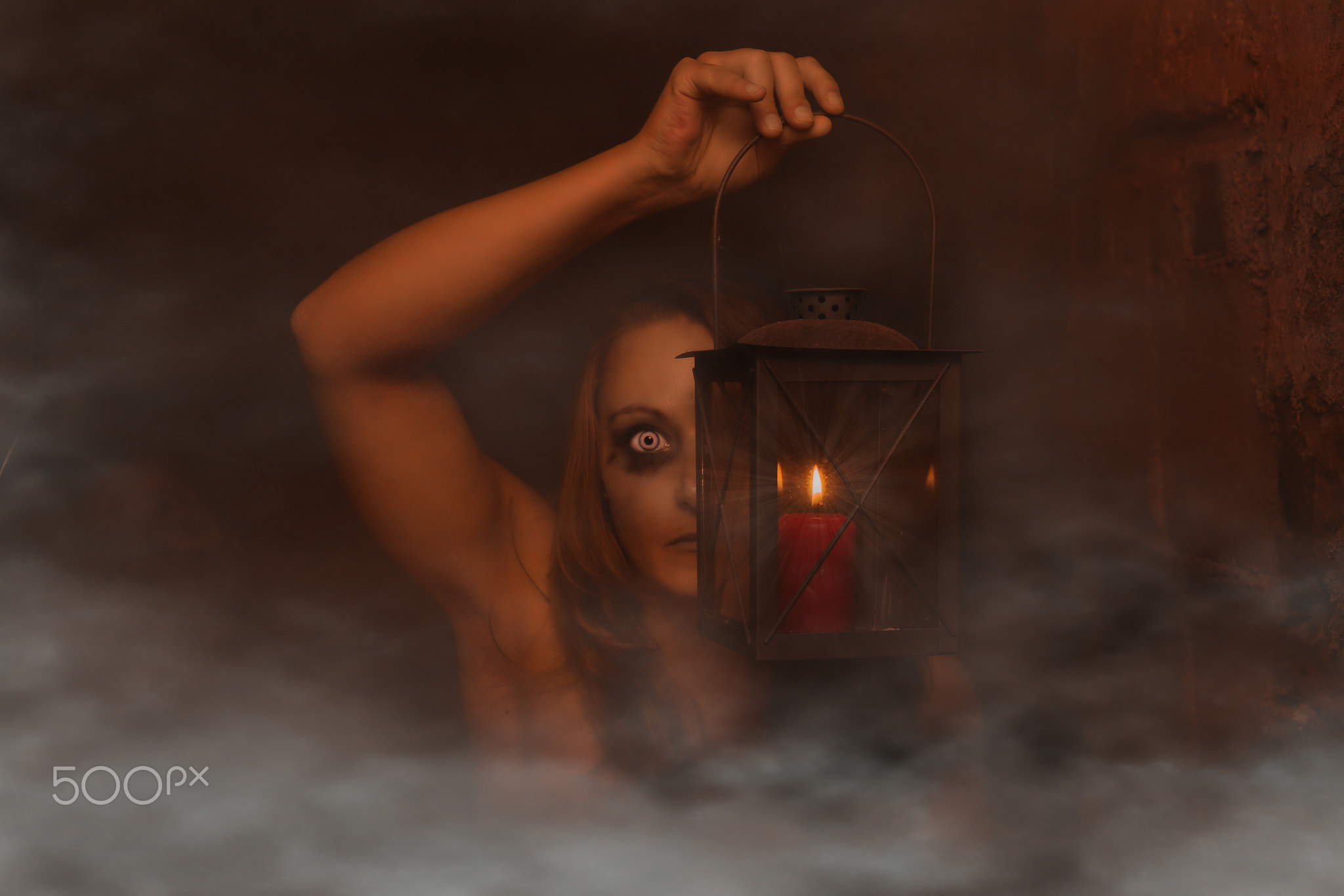 People 2048x1365 Niko Angelopoulos women lantern horror arms up smoke scary face watermarked 500px low light