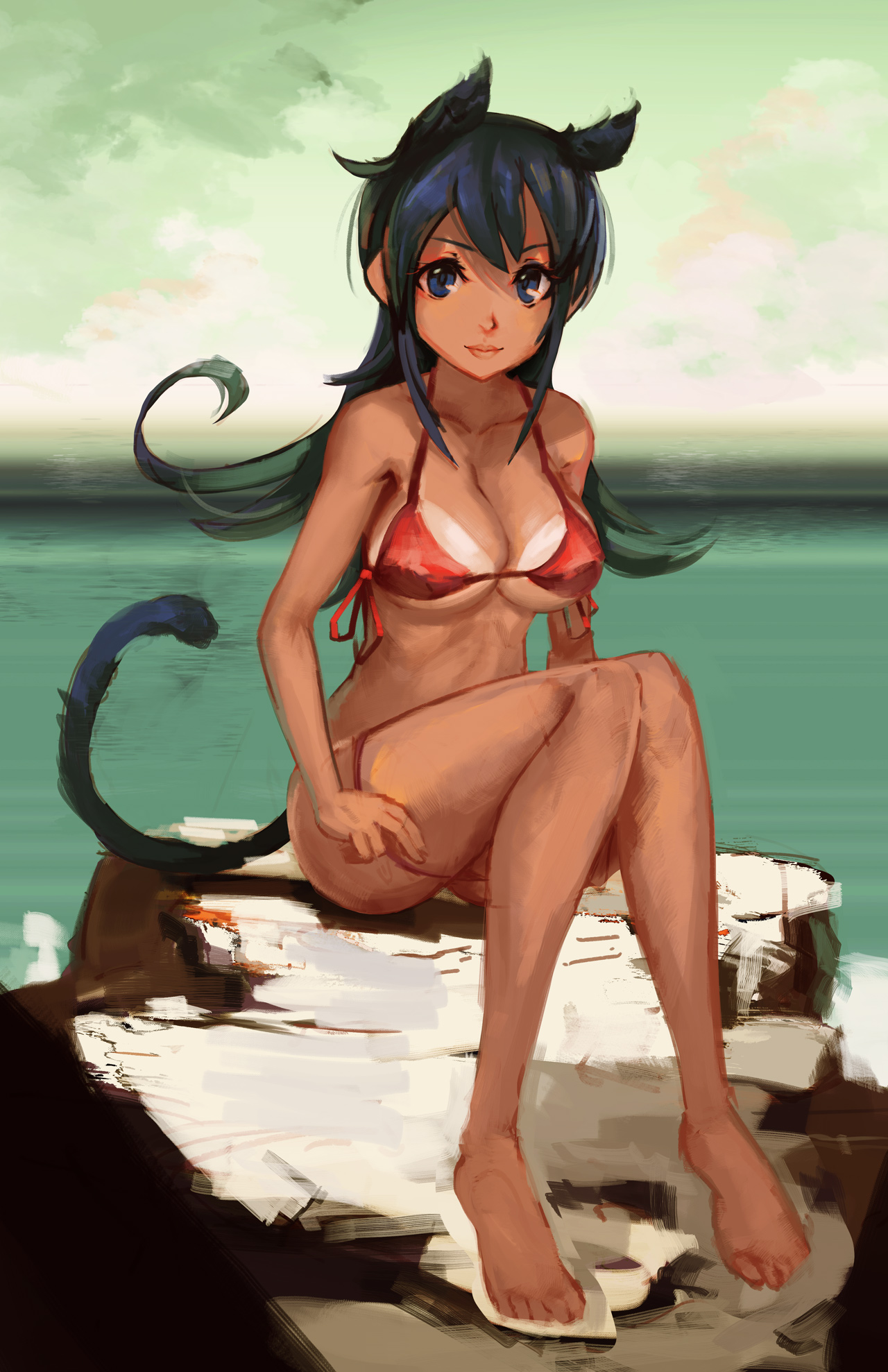 Anime 1280x1978 anime girls bikini cat girl tail tan lines thighs together sitting undressing removing bikini panties
