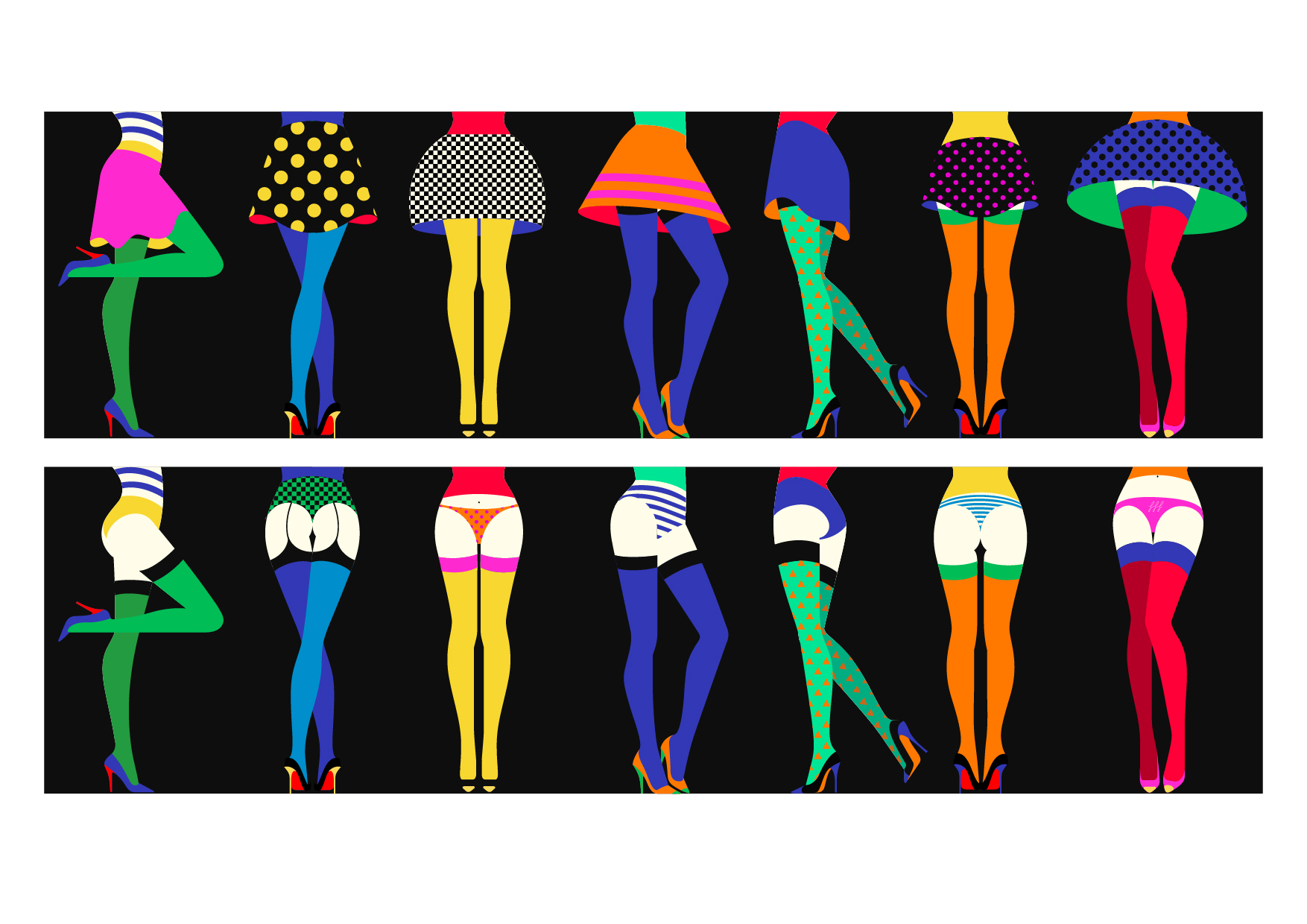 General 1754x1240 digital art Malika Favre women legs panties skirt high heels polka dots colorful pantyhose stockings ass minimalism miniskirt vector vector art