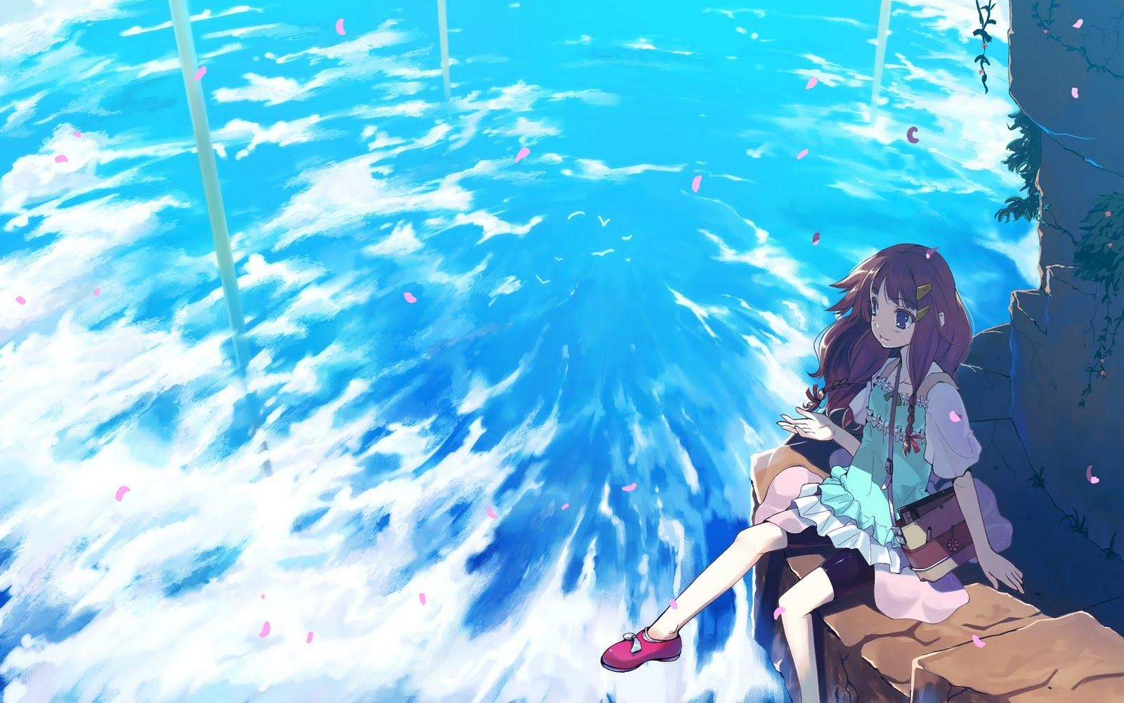 Anime 1600x1000 sky heights cherry blossom sitting anime girls cyan