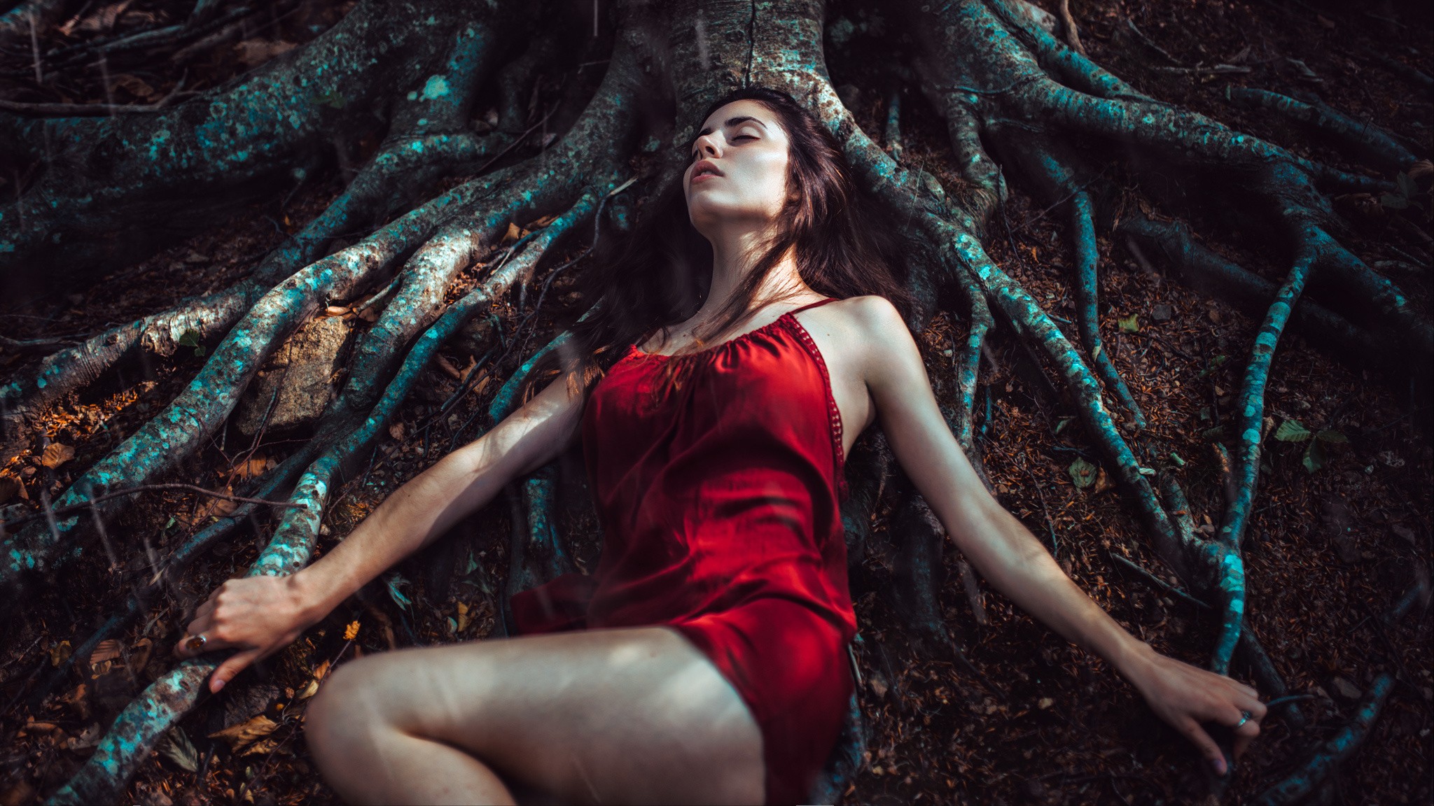 People 2048x1152 women model Gustavo Terzaghi long hair brunette dress lying down roots trees legs closed eyes red dress women outdoors outdoors thighs parted lips red clothing dark hair