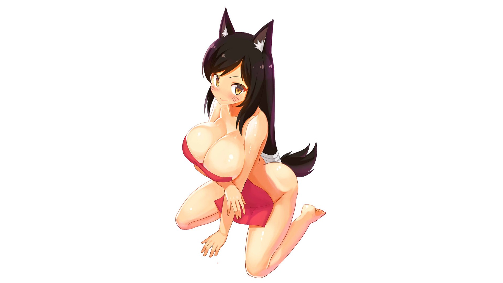 Anime 1920x1080 Ahri (League of Legends) League of Legends big boobs looking at viewer cat girl nude strategic covering towel kneeling cleavage anime girls boobs huge breasts curvy fan art smiling PC gaming video game girls dark hair anime