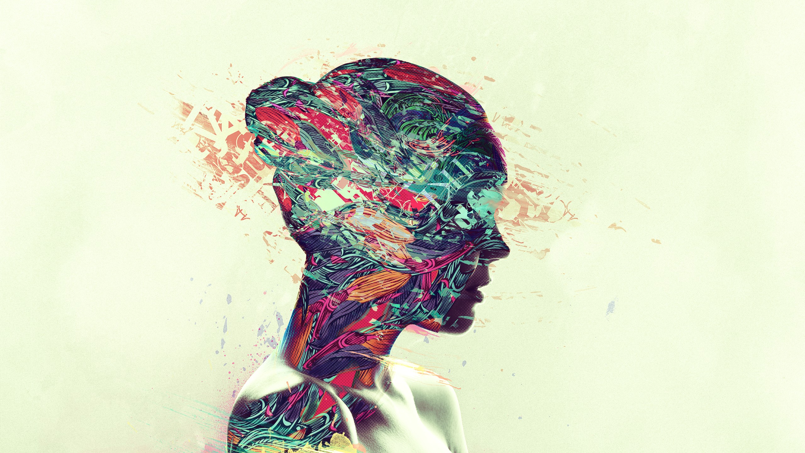 General 2560x1440 digital art women double exposure face bare shoulders white background colorful simple background artwork profile