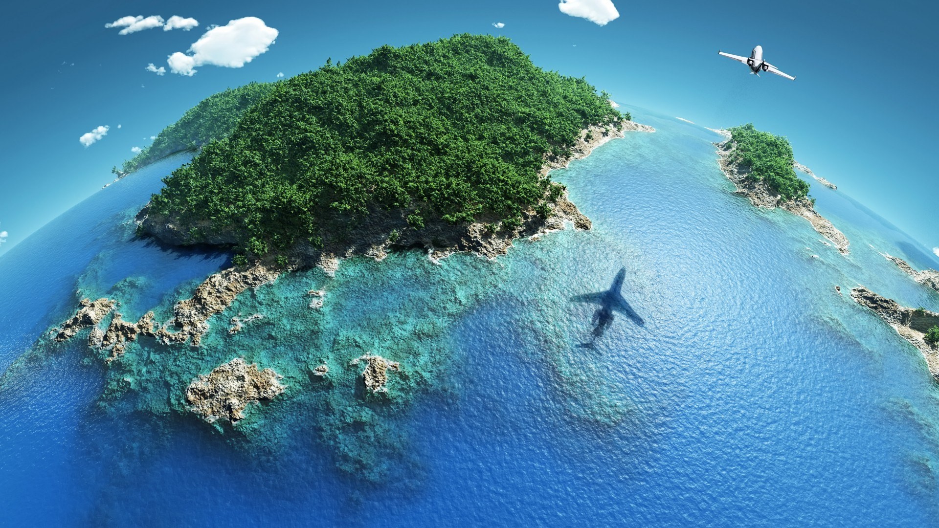General 1920x1080 nature landscape sea coast island photo manipulation coral reef fisheye lens clouds trees forest airplane shadow aerial view digital art