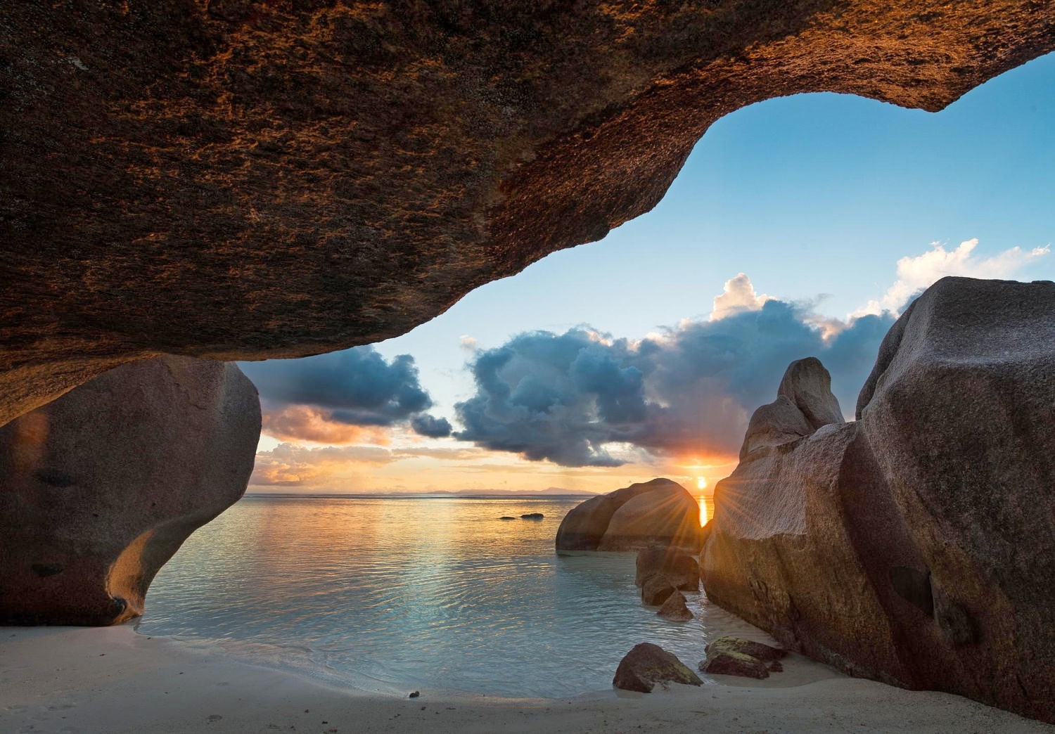 General 1500x1044 photography landscape nature cave beach sea rocks sunset sand Seychelles island horizon Sun clouds calm