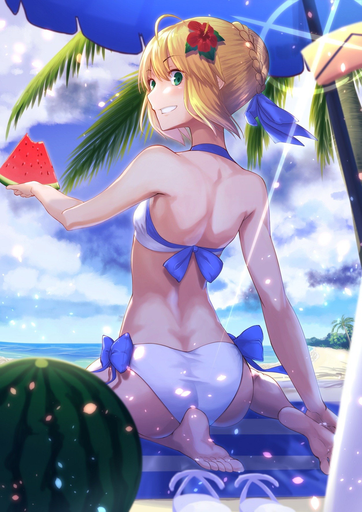 Anime 1254x1771 anime anime girls Fate/Extra Fate/Grand Order Fate/Stay Night Saber ass bikini feet short hair blonde green eyes beach sea water watermelons palm trees hibiscus flower in hair looking back
