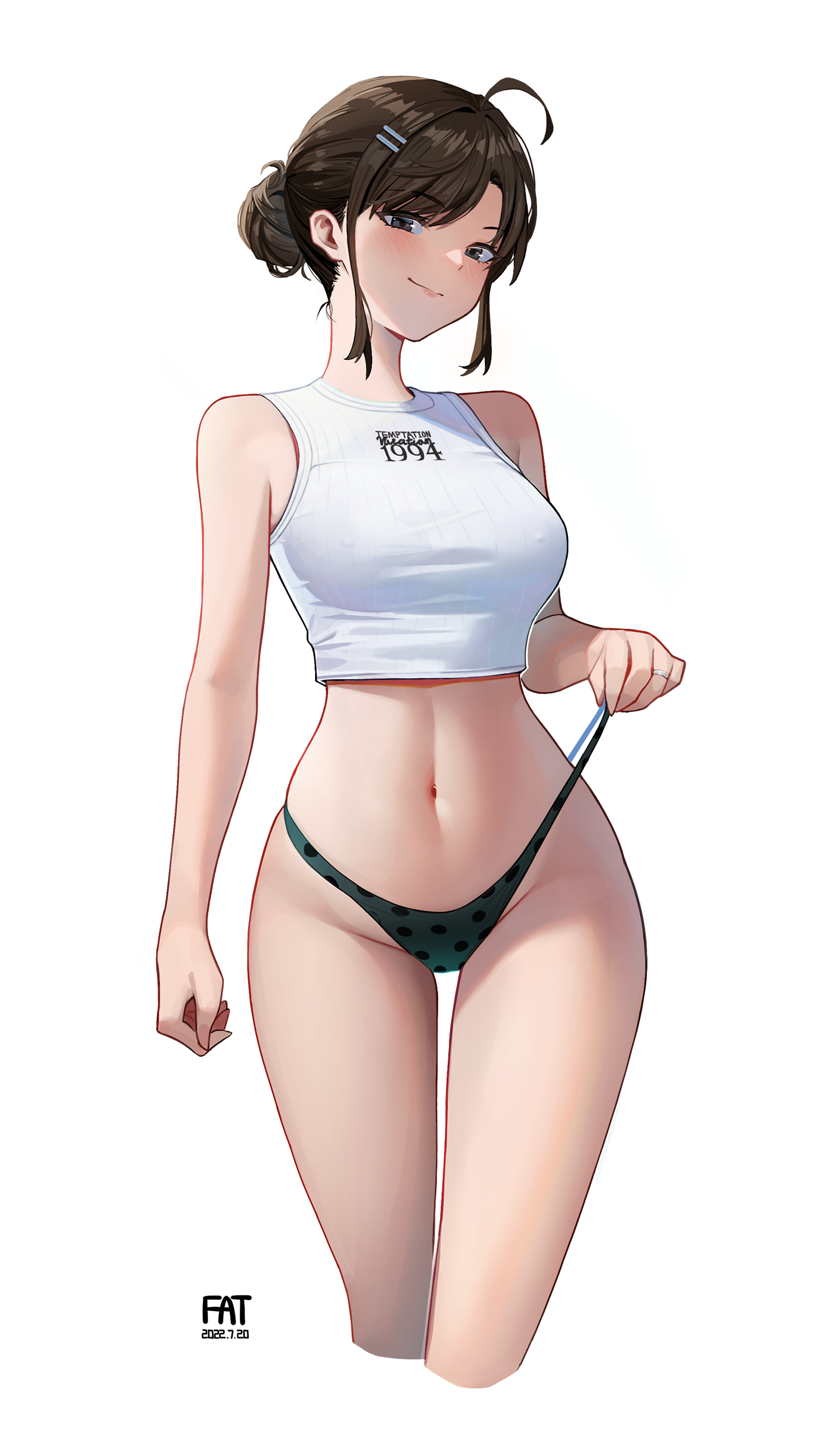 Anime 1485x2603 anime anime girls thong white background pulling clothing hairbun the gap frontal view belly button standing nipple bulge Fatzhai simple background belly signature 2022 (year) looking at viewer skinny bare shoulders slim body