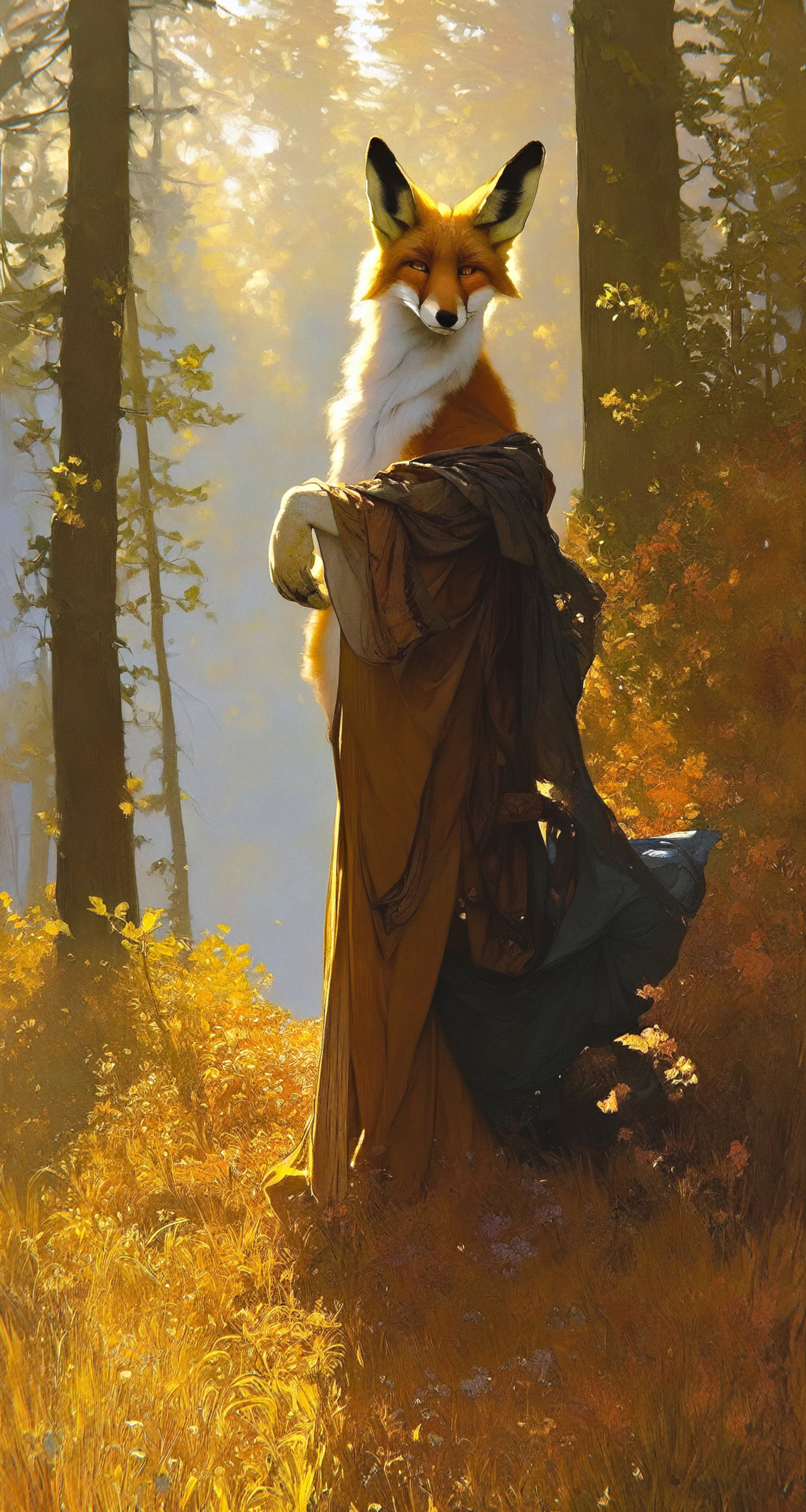 General 2160x4050 AI art Stable Diffusion fox anthropomorphism painting golden hour fur warm colors forest standing portrait display animals