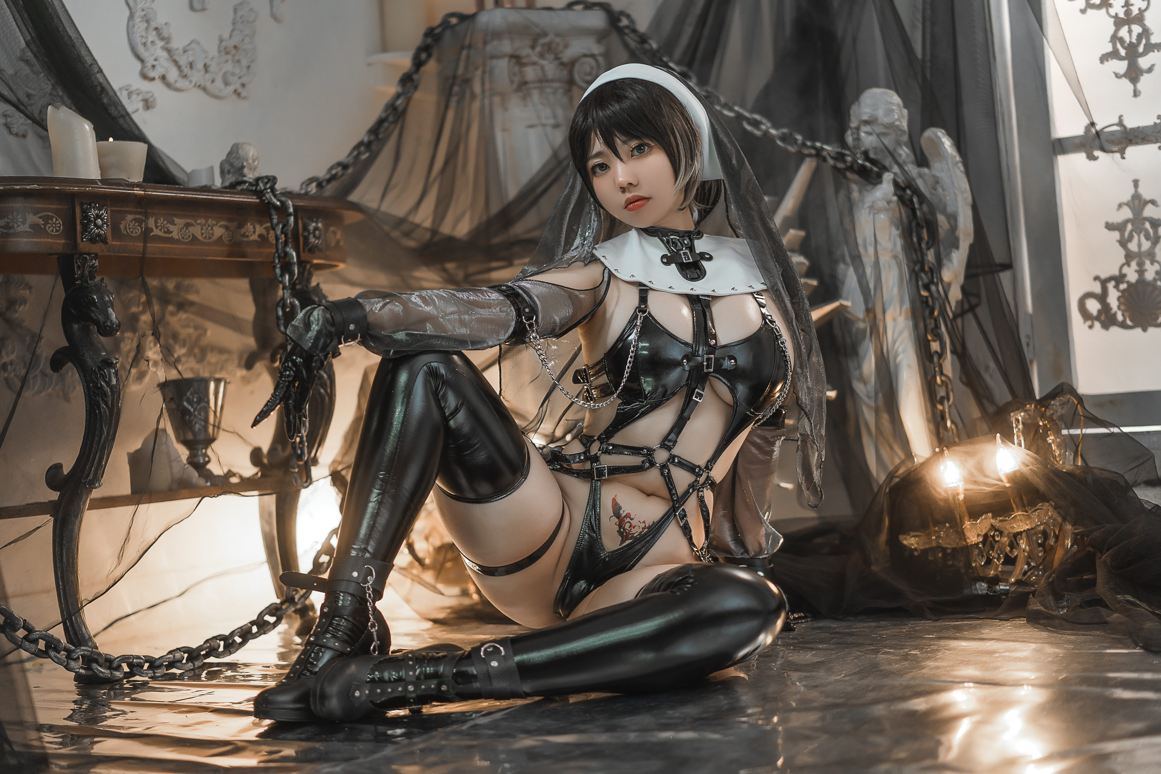 People 4000x2667 Asian cosplay nuns latex BDSM straps table ARiRi Ganlory indoors women indoors womb tattoo women model chains statue nun outfit