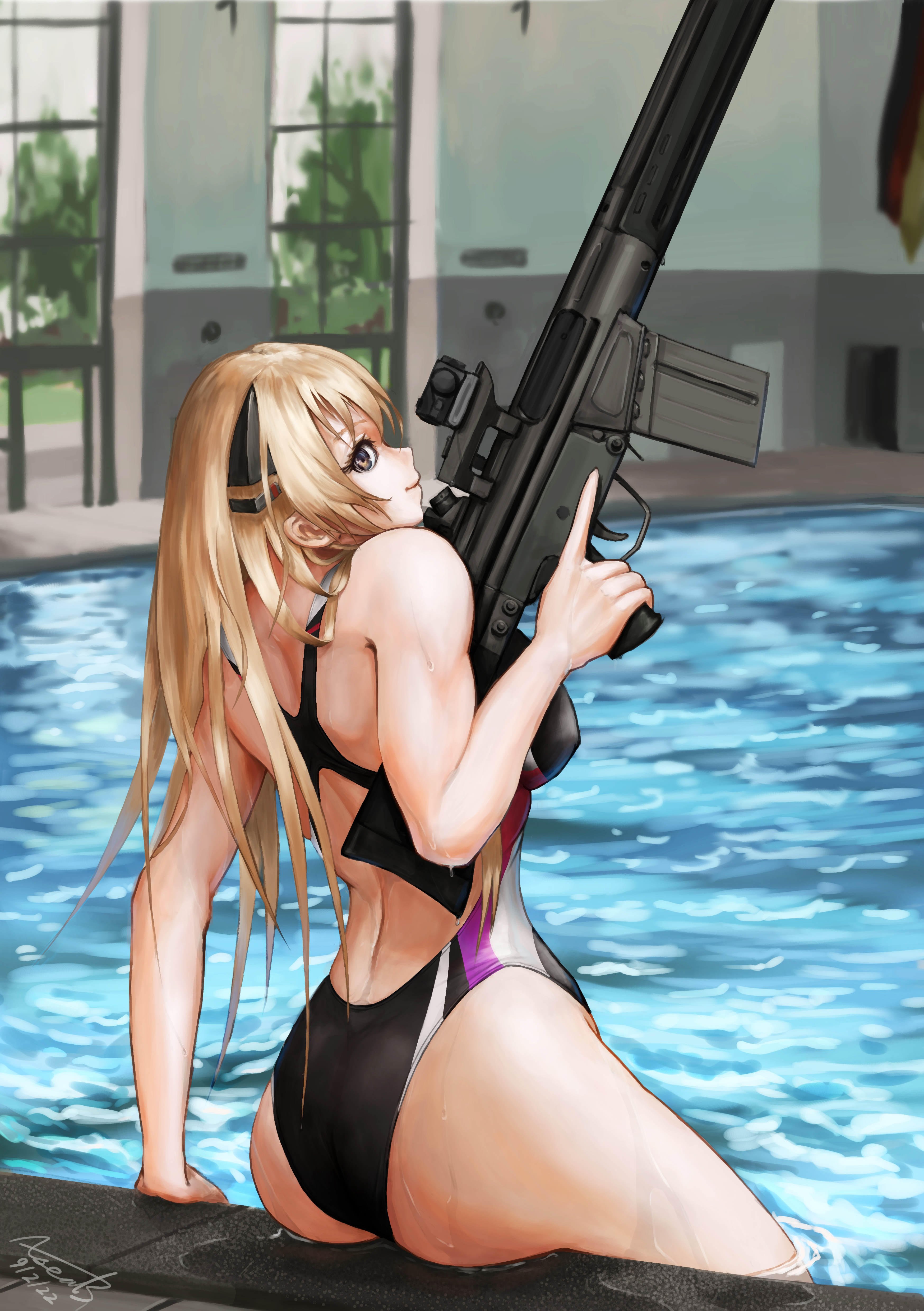 Anime 3496x4961 one-piece swimsuit Girls Frontline anime girls gun girls with guns ass water swimming pool blonde wet body G3(Girls Frontline) wet portrait display