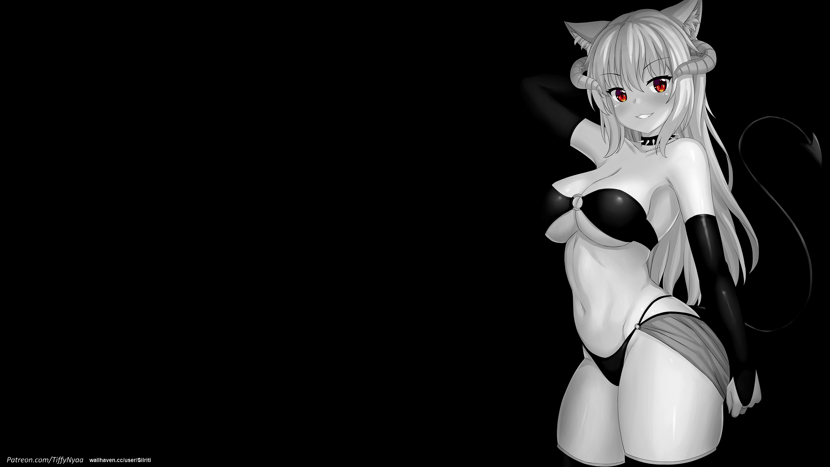 Anime 2844x1600 black background dark background simple background selective coloring anime girls big boobs demon girls cat ears demon tail cat girl Tiffy succubus swimwear horns smiling looking at viewer watermarked long hair red eyes choker