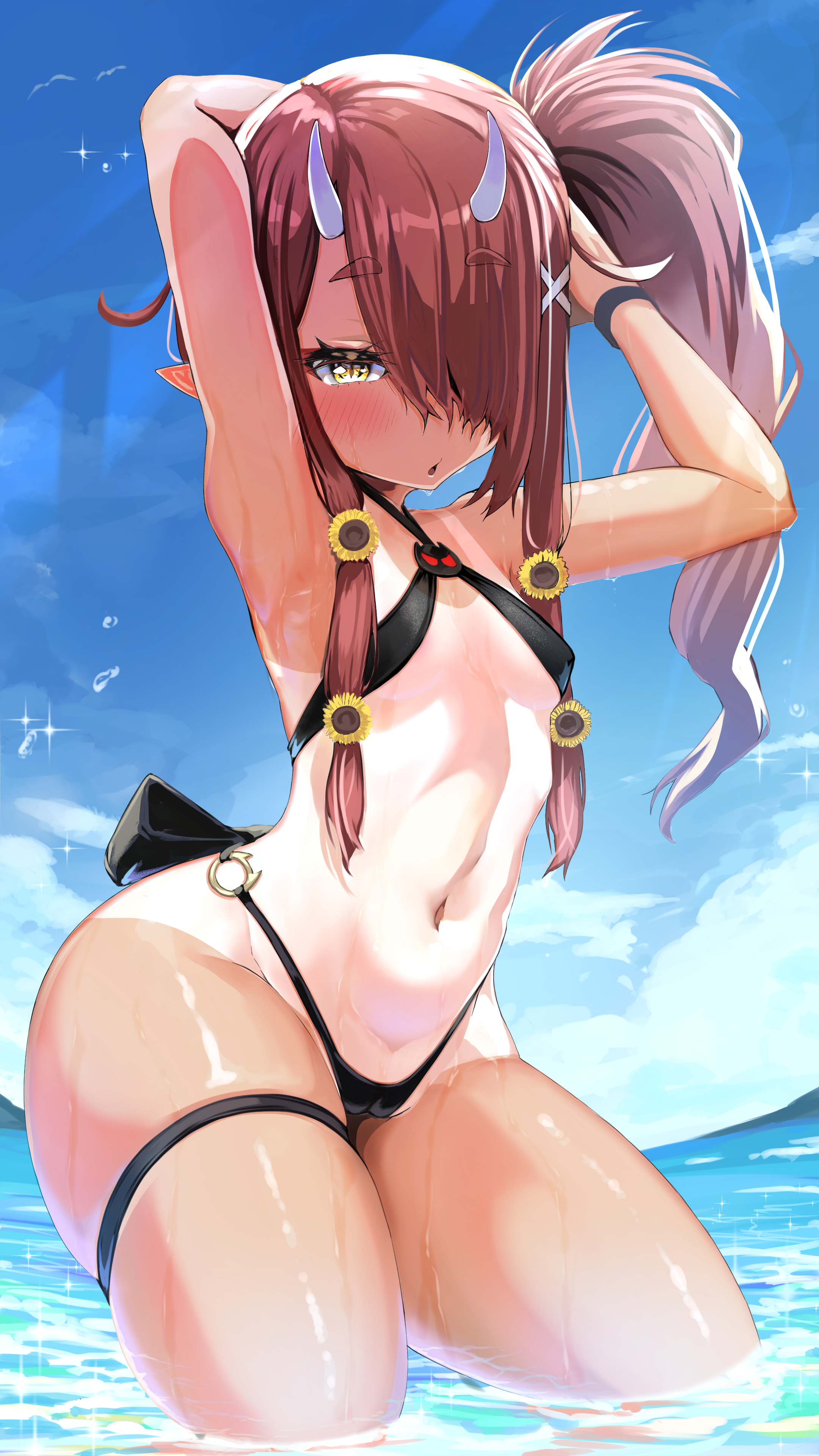 Anime 2160x3840 in water tan tan lines bikini cameltoe arms up armpits horns thighs water sky birds anime girls small boobs hair over one eye ponytail wet body yellow eyes pointy ears