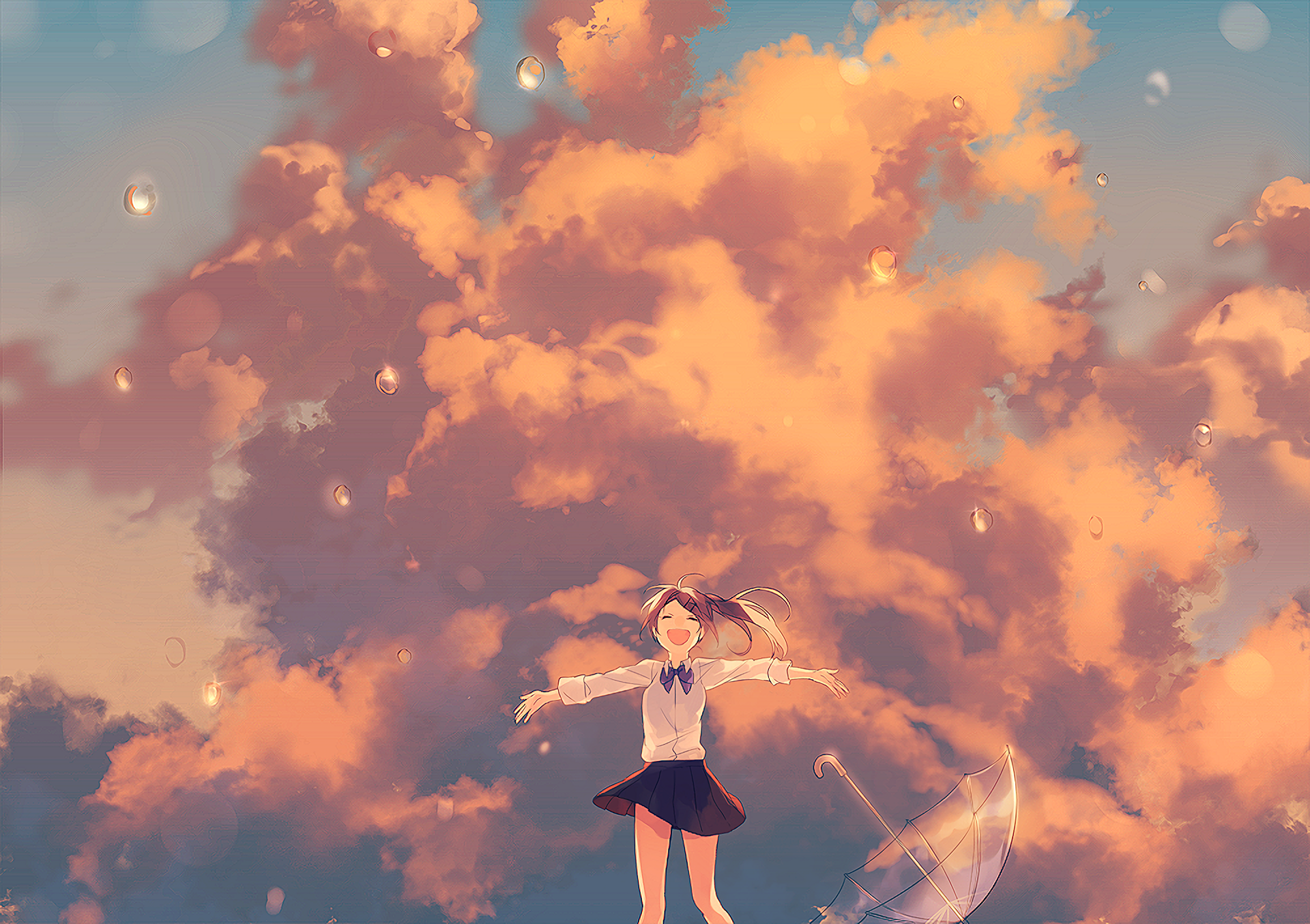 Anime 1920x1355 anime anime girls clouds sky closed eyes water drops