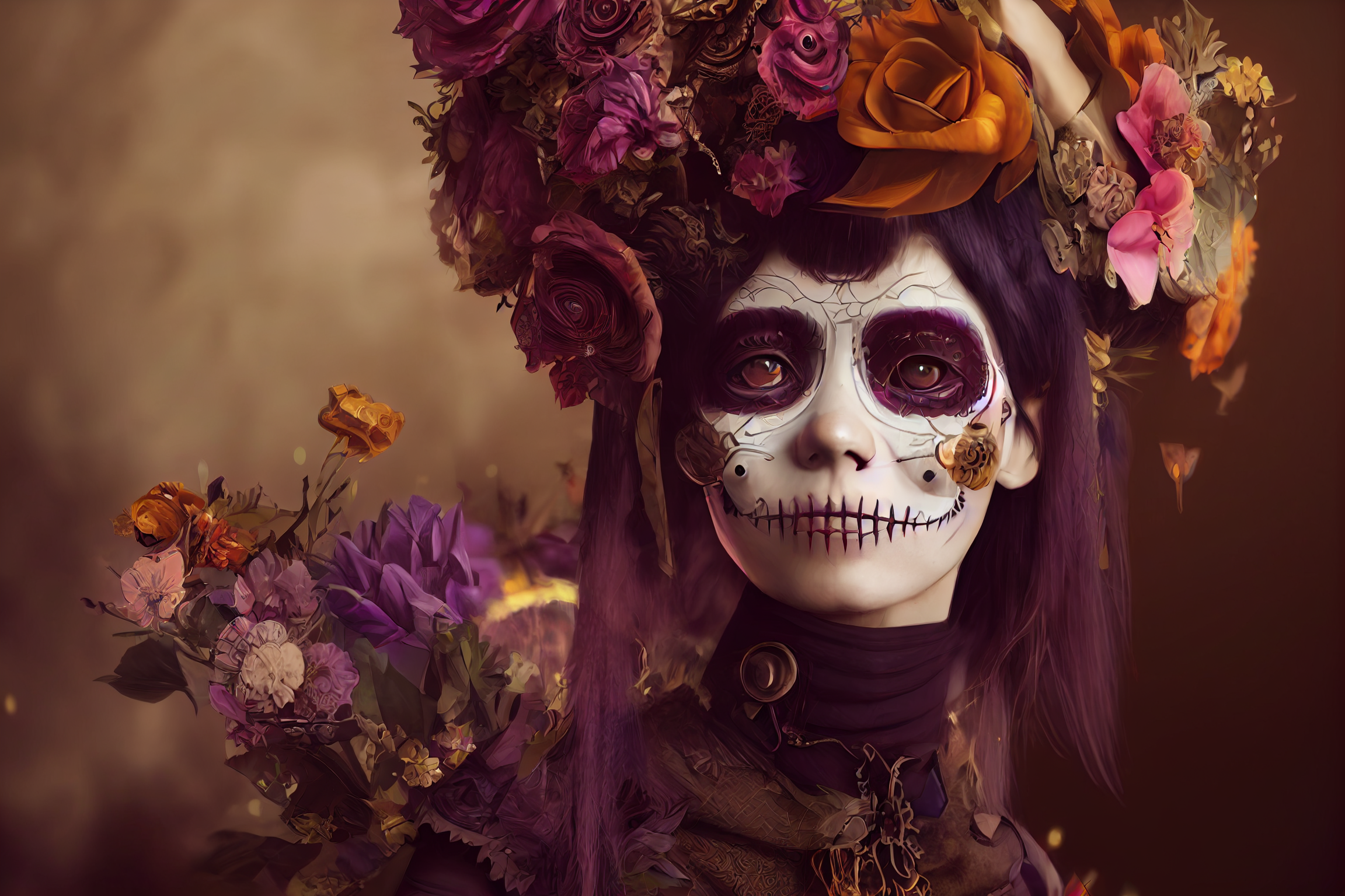 General 2304x1536 AI art women portrait Mexican flower in hair makeup Dia de los Muertos flowers