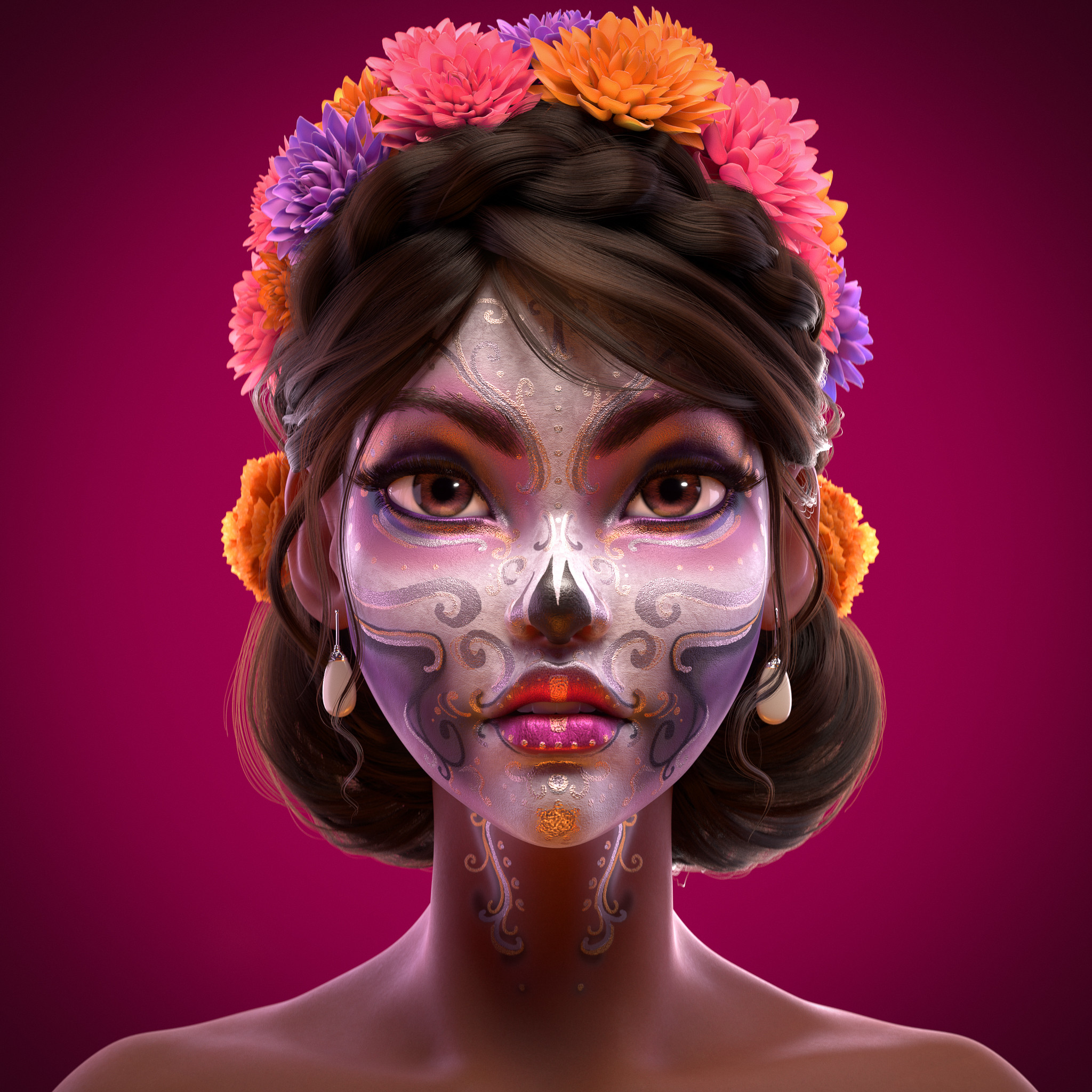 General 2048x2048 artwork women face portrait Dia de los Muertos makeup flower in hair Sugar Skull Ernesto Ruiz Velasco
