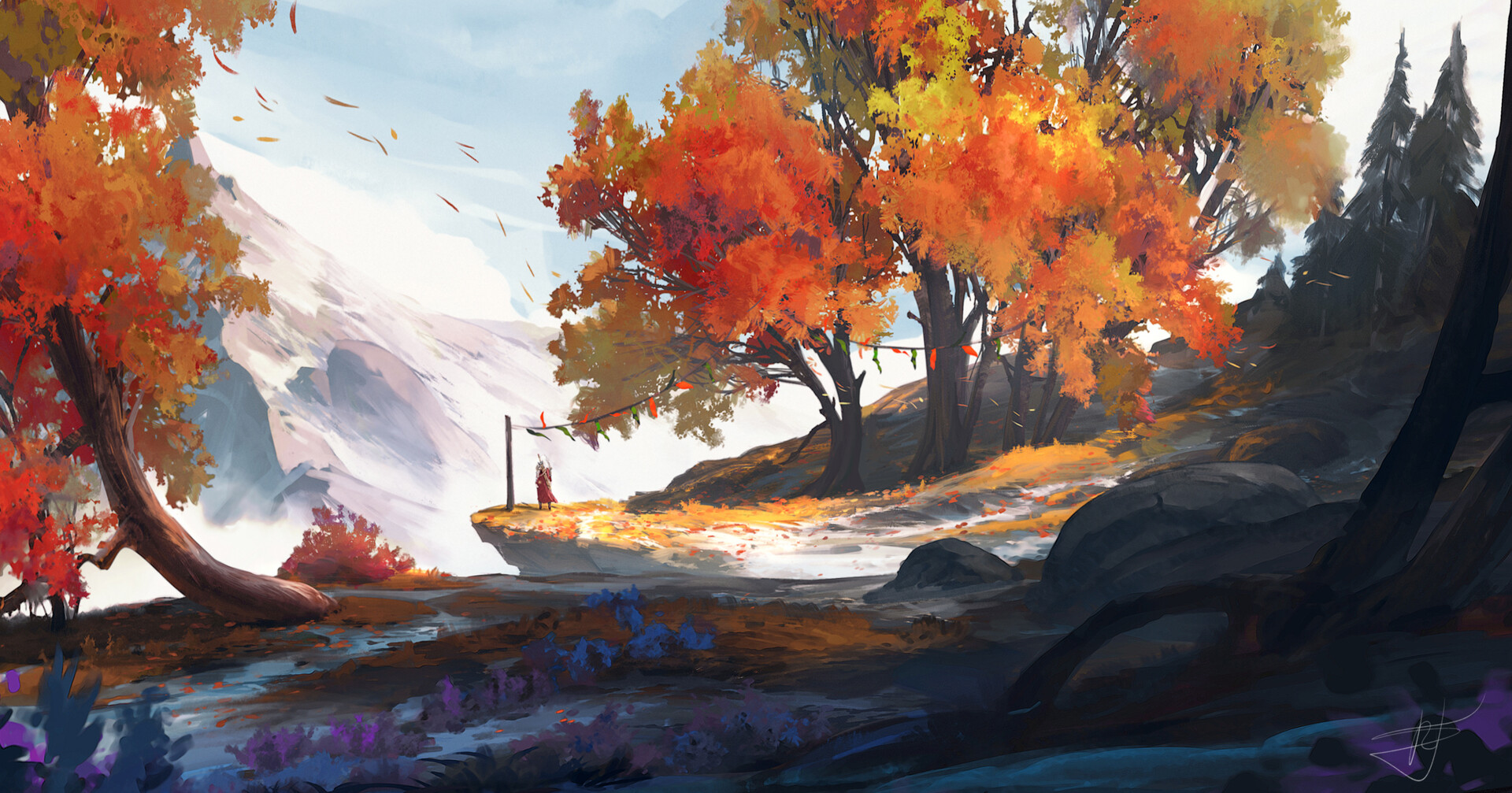 General 1920x1007 Max Suleimanov digital art fall trees red leaves mountains nature