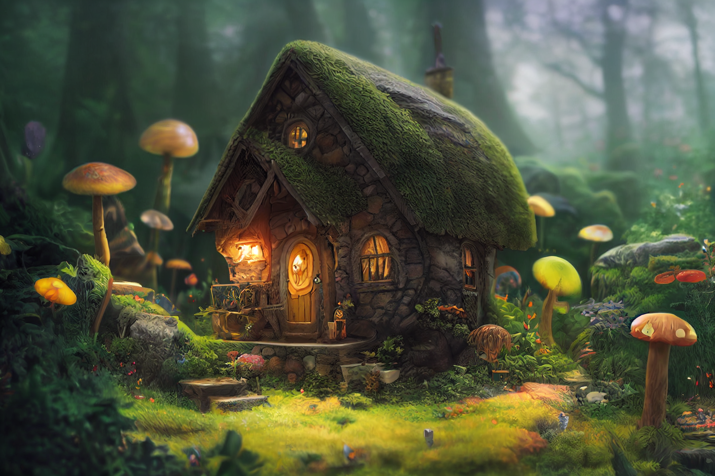 General 2304x1536 forest cottage mushroom moss illustration fantasy art AI art Stable Diffusion