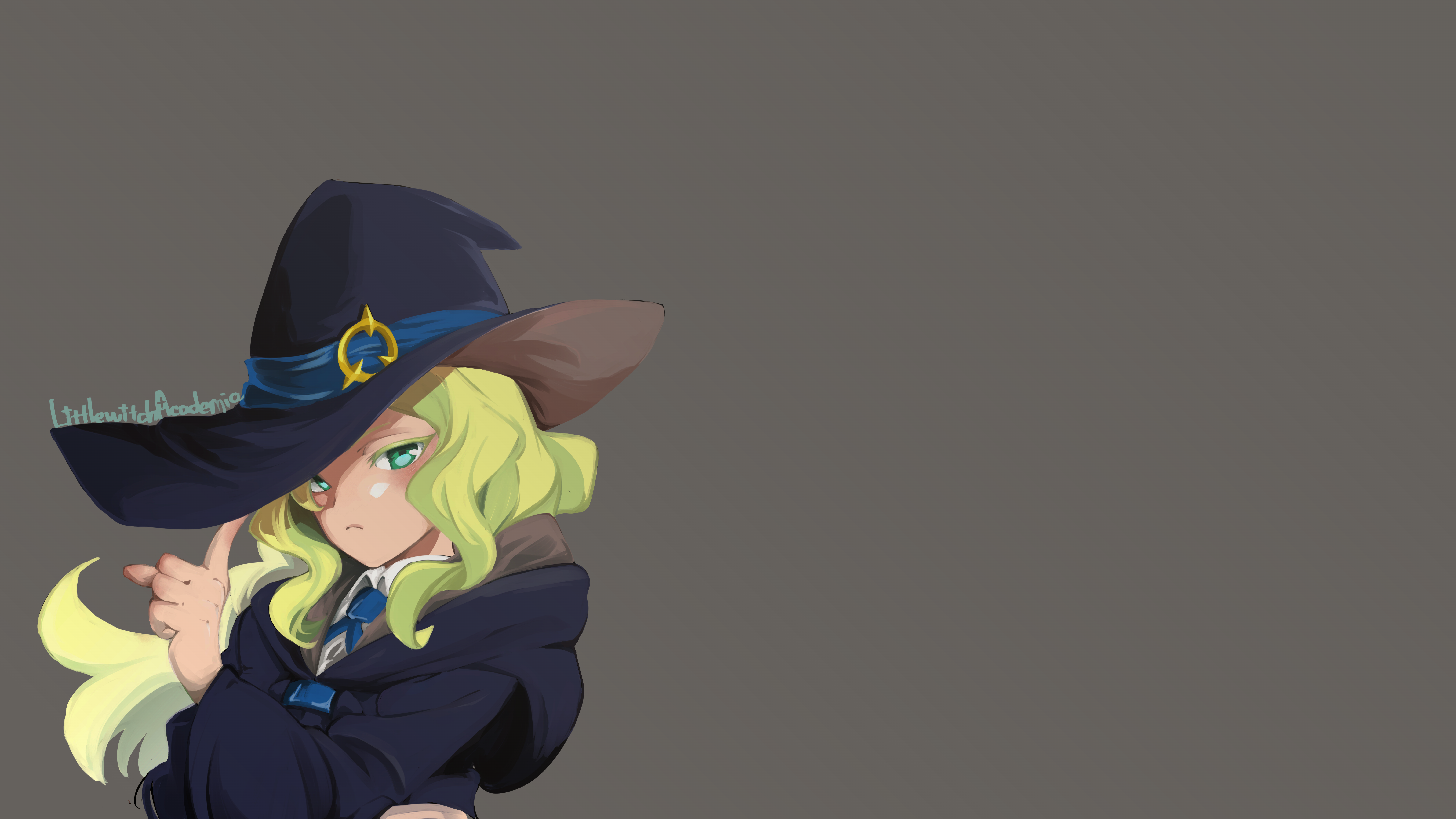 Anime 7680x4320 anime looking at viewer simple background hat Diana Cavendish witch witch hat robes blonde green eyes blue eyes aqua eyes Luna Nova uniform tie school uniform schoolgirl sidelocks long hair finger pointing anime girls Little Witch Academia frown gray background wide-brimmed hat